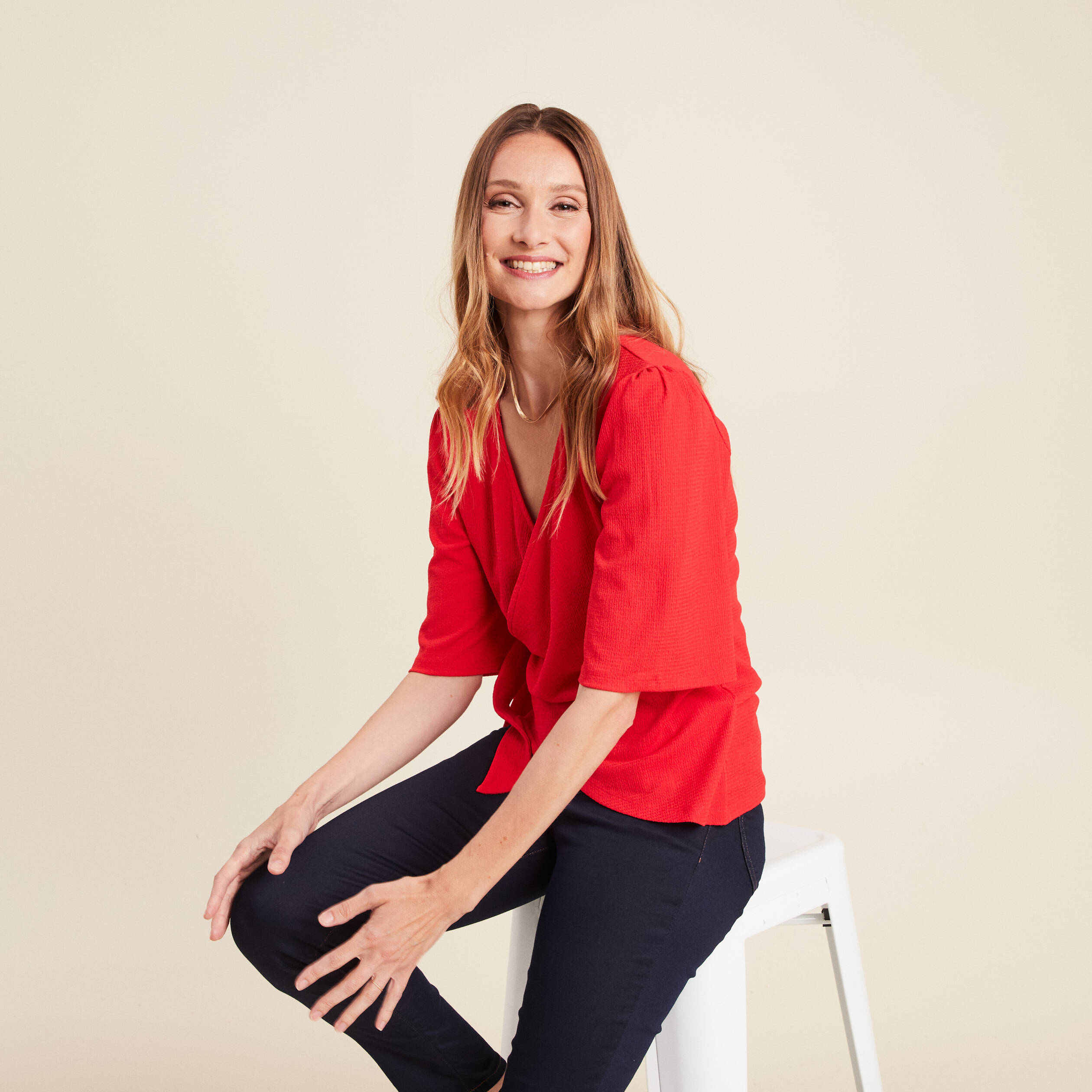 blouse col v manches coude rouge femme Blouse col V manches coude rouge femme