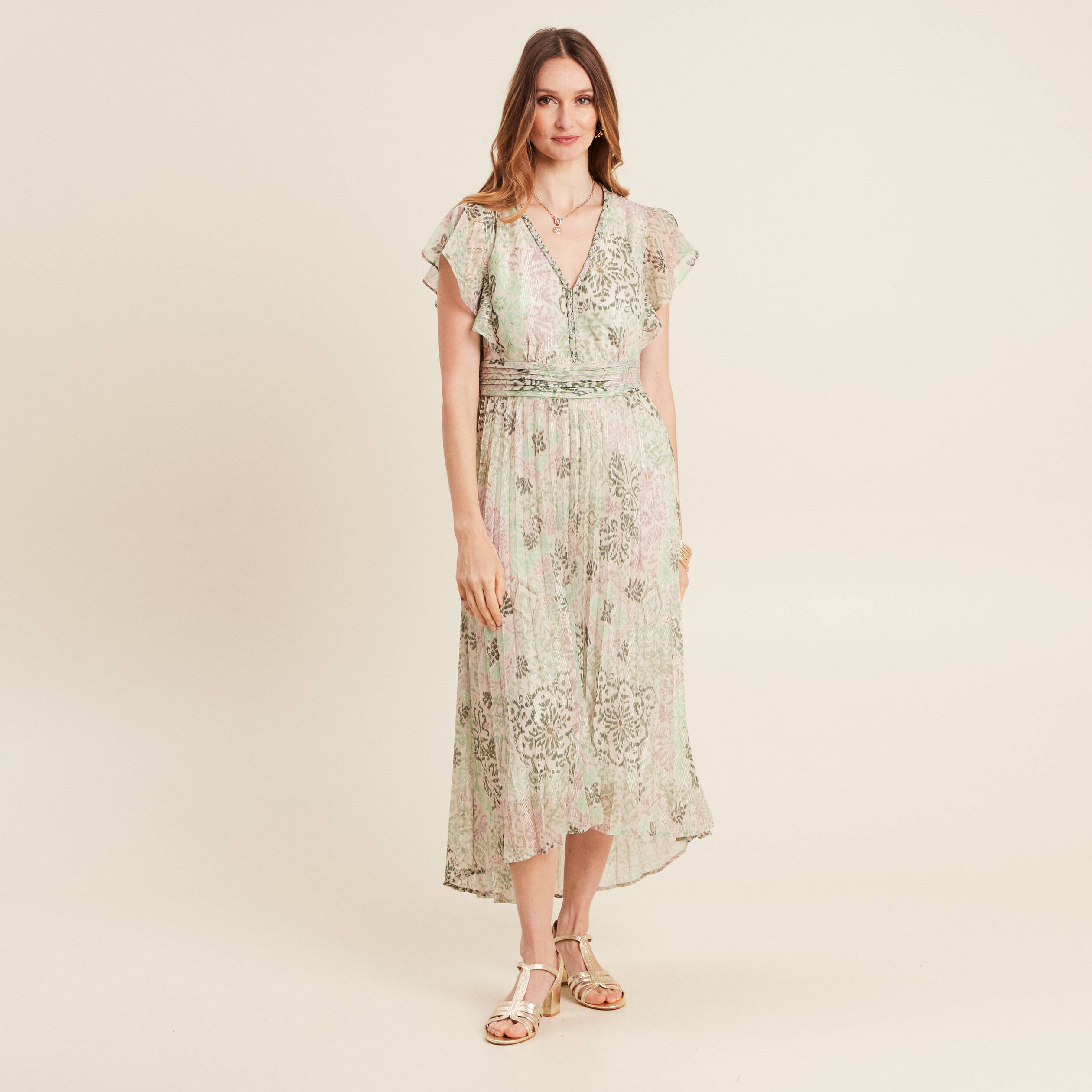 robe longue evasee plissee vert clair femme Robe longue évasée plissée vert clair femme
