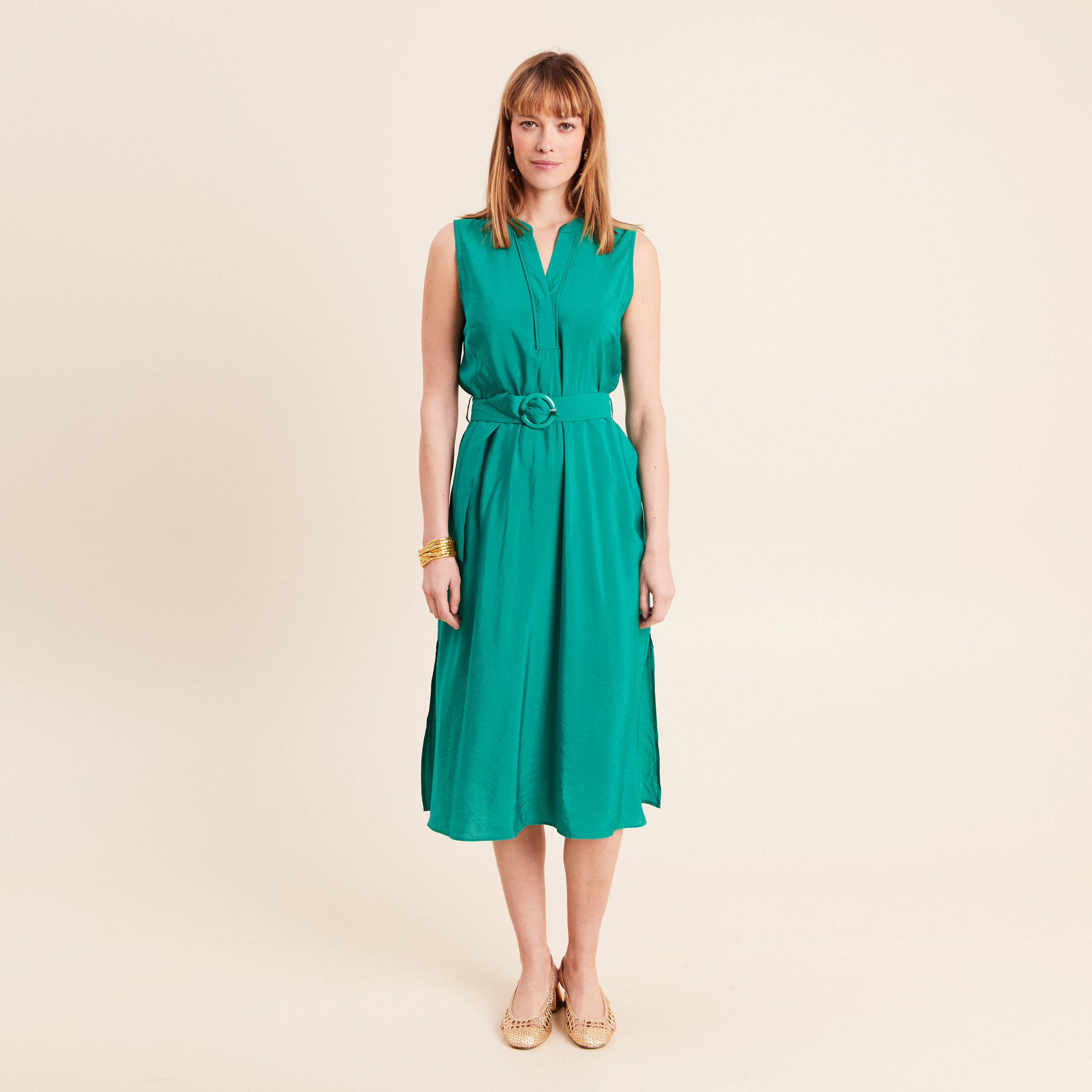 Robe &eacute;vas&eacute;e 3/4 sans manches ceinture vert menthe femme