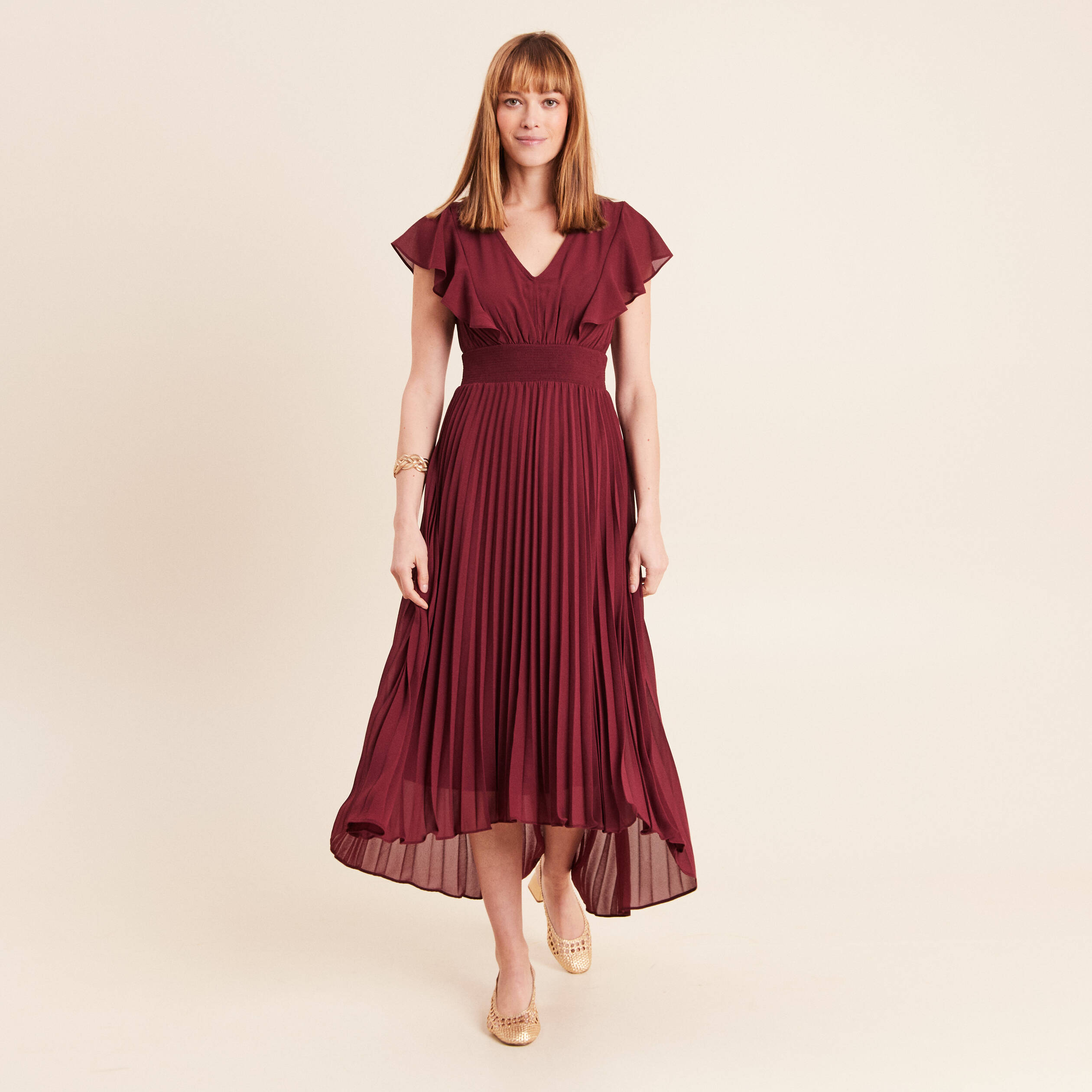 Robe longue &eacute;vas&eacute;e &agrave; volants prune femme
