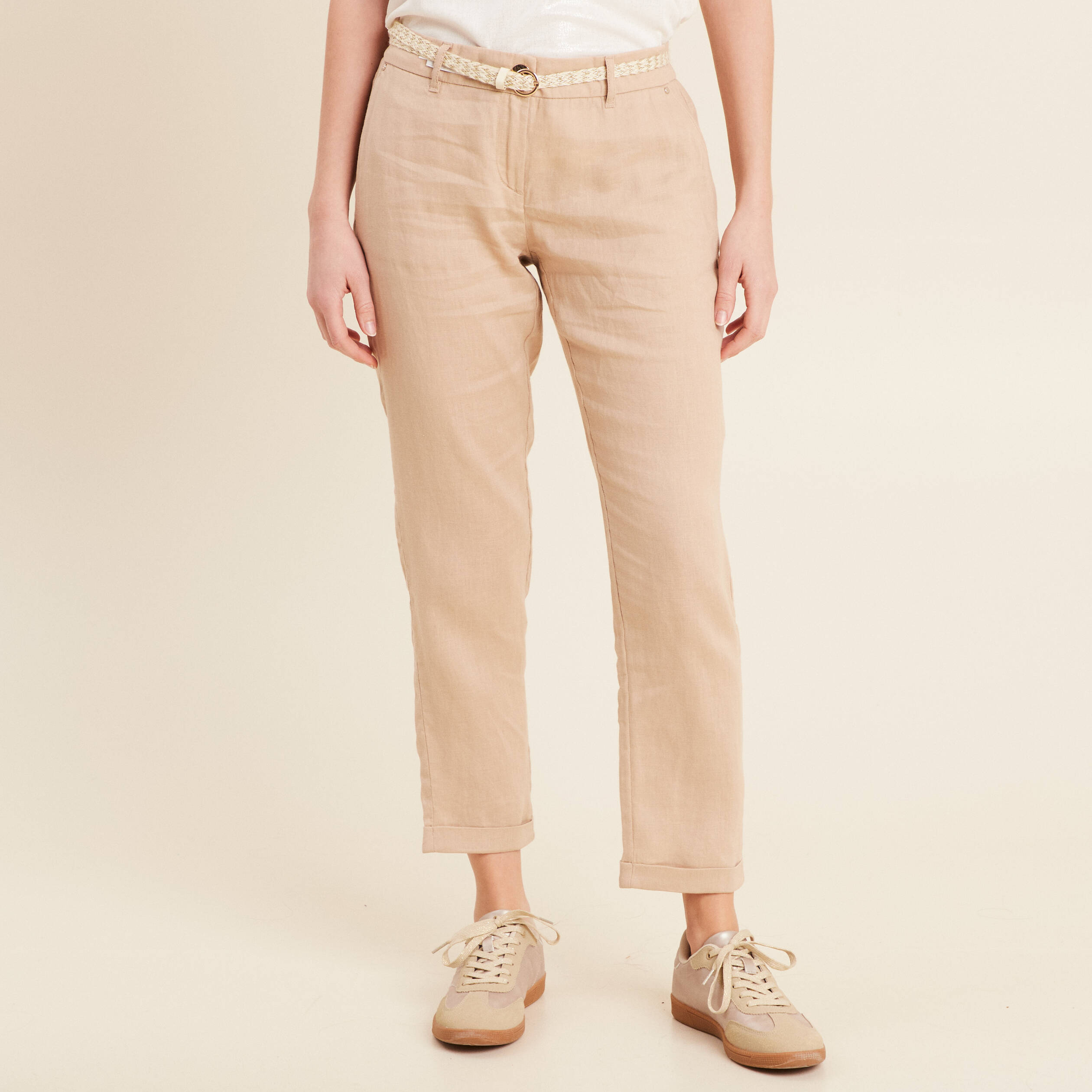pantalon flou ceinture sable femme Pantalon flou ceinturé sable femme