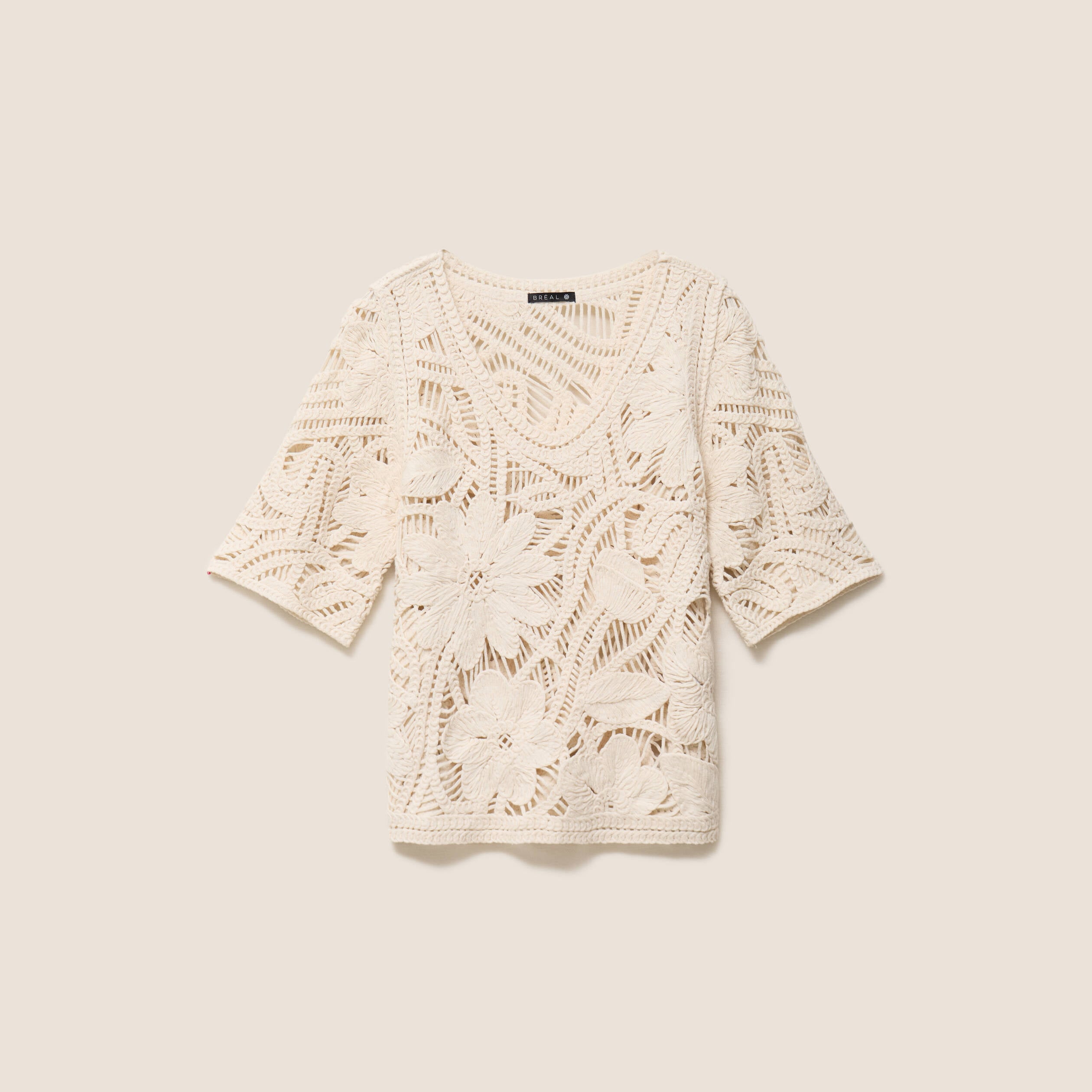Pull col v manches courtes dentelle ecru femme