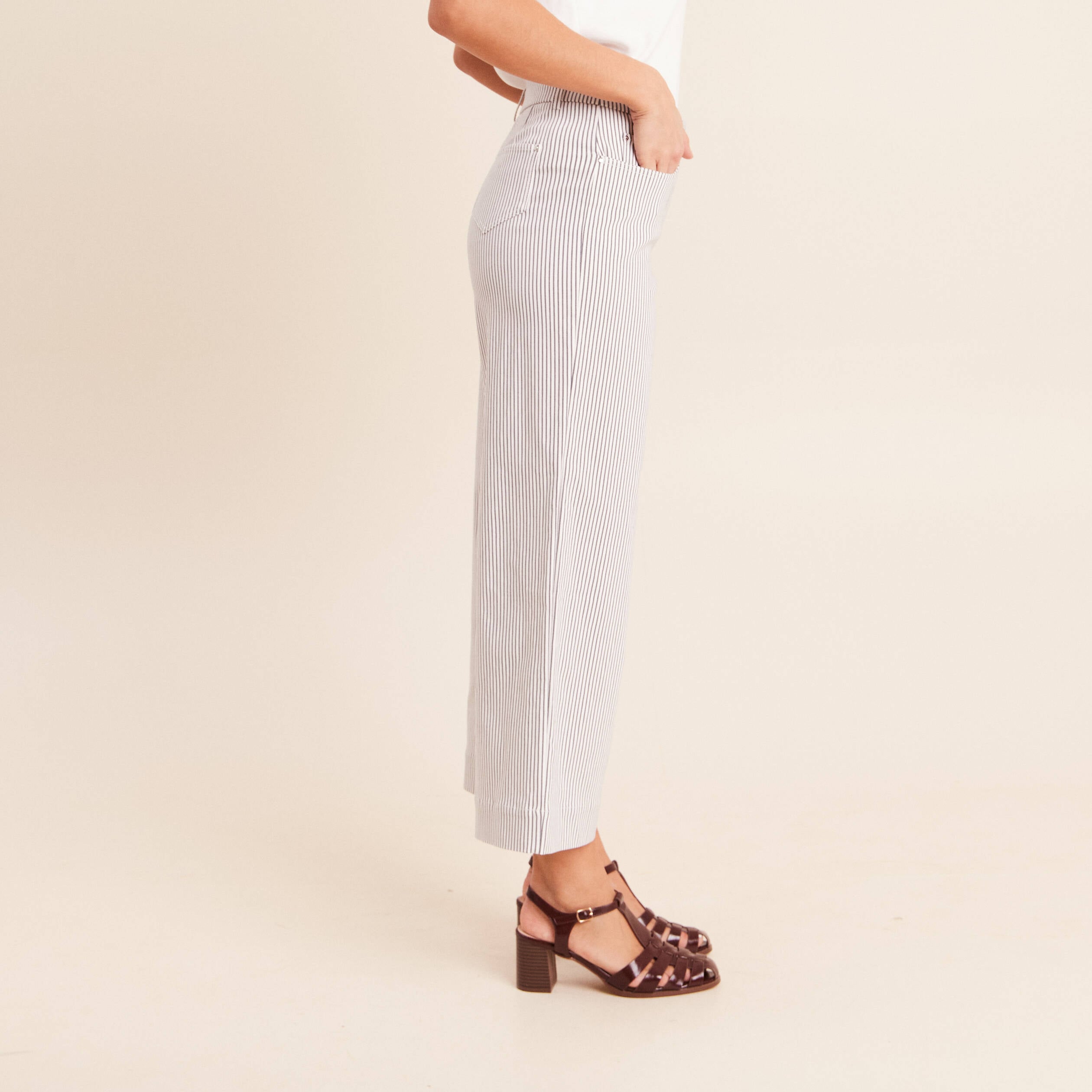Pantalon large taille haute bleu femme