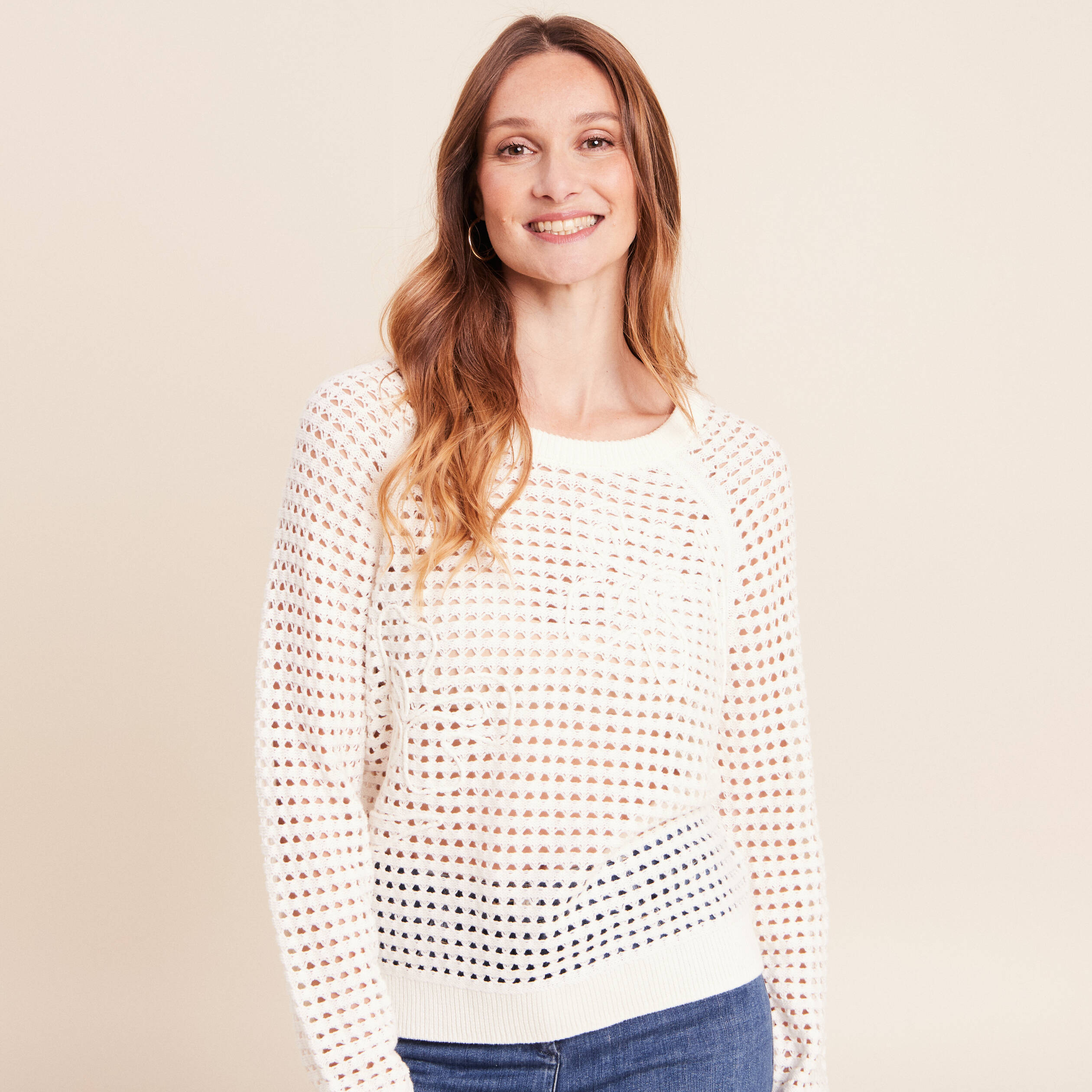 Pull col rond manches longues dentelle ecru femme