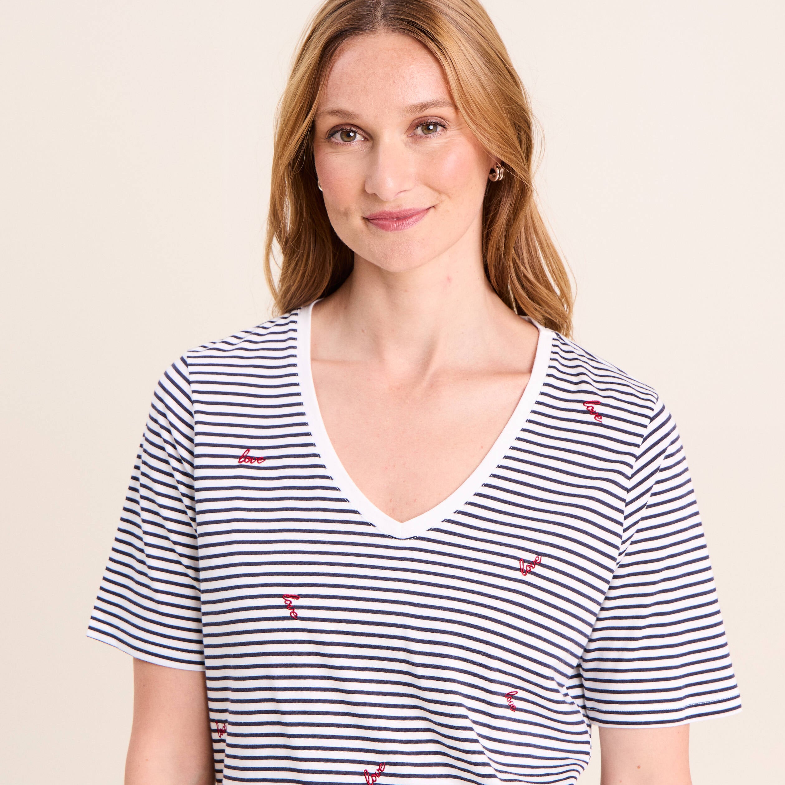 T-shirt droit broderie manches courtes bleu femme