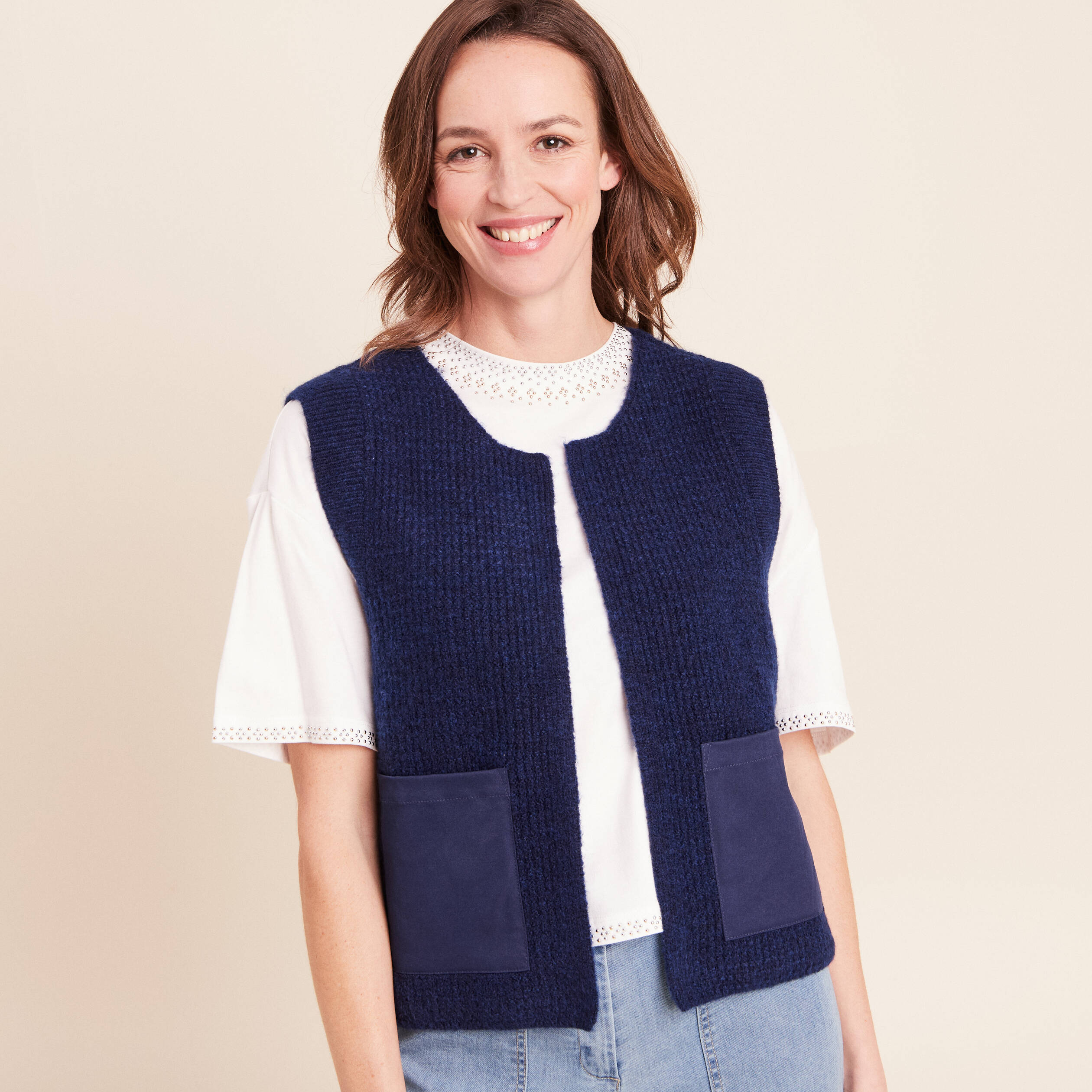 Gilet sans manches aspect laineux bleu marine femme
