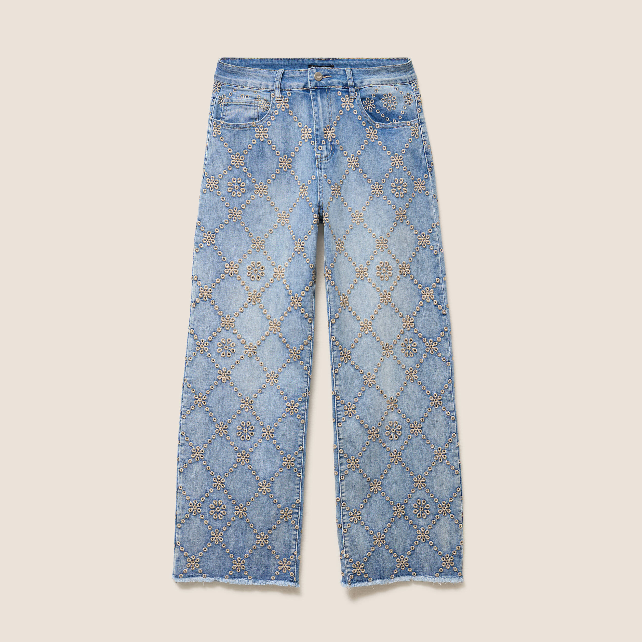 Jean taille haute avec broderie blanc femme