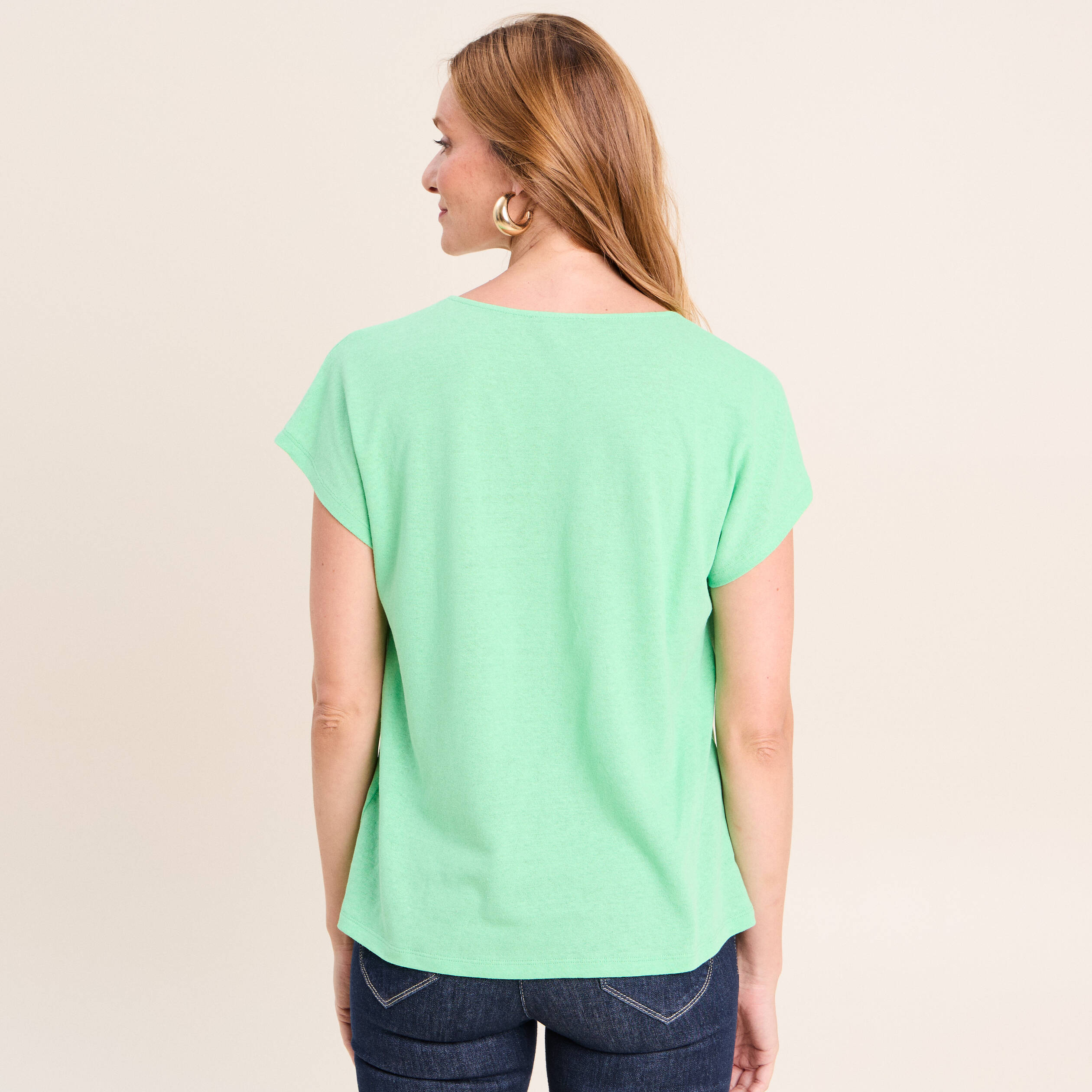 T-shirt col v manches courtes aspect lin vert fluo femme