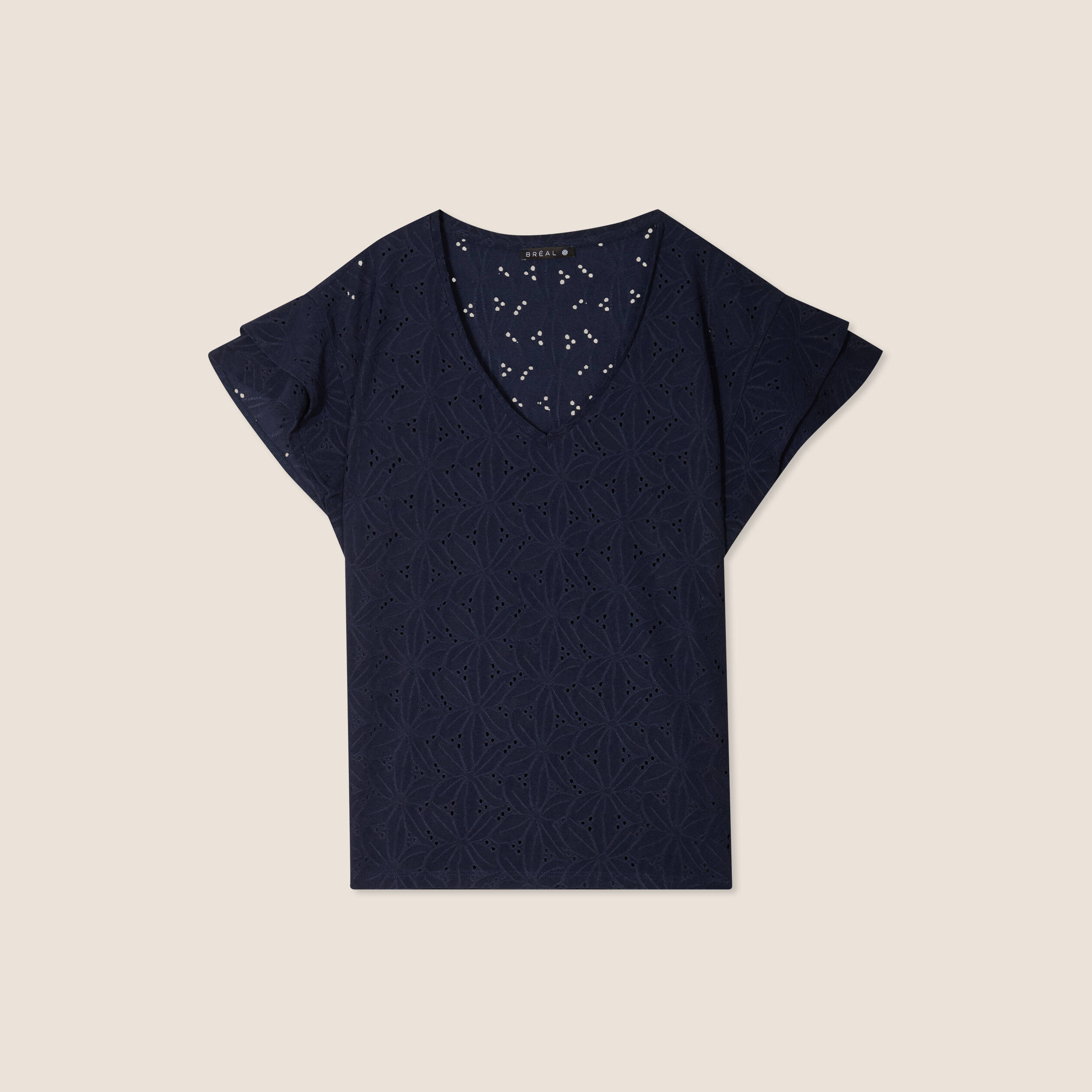 T-shirt droit col V manches courtes bleu fonc&eacute; femme