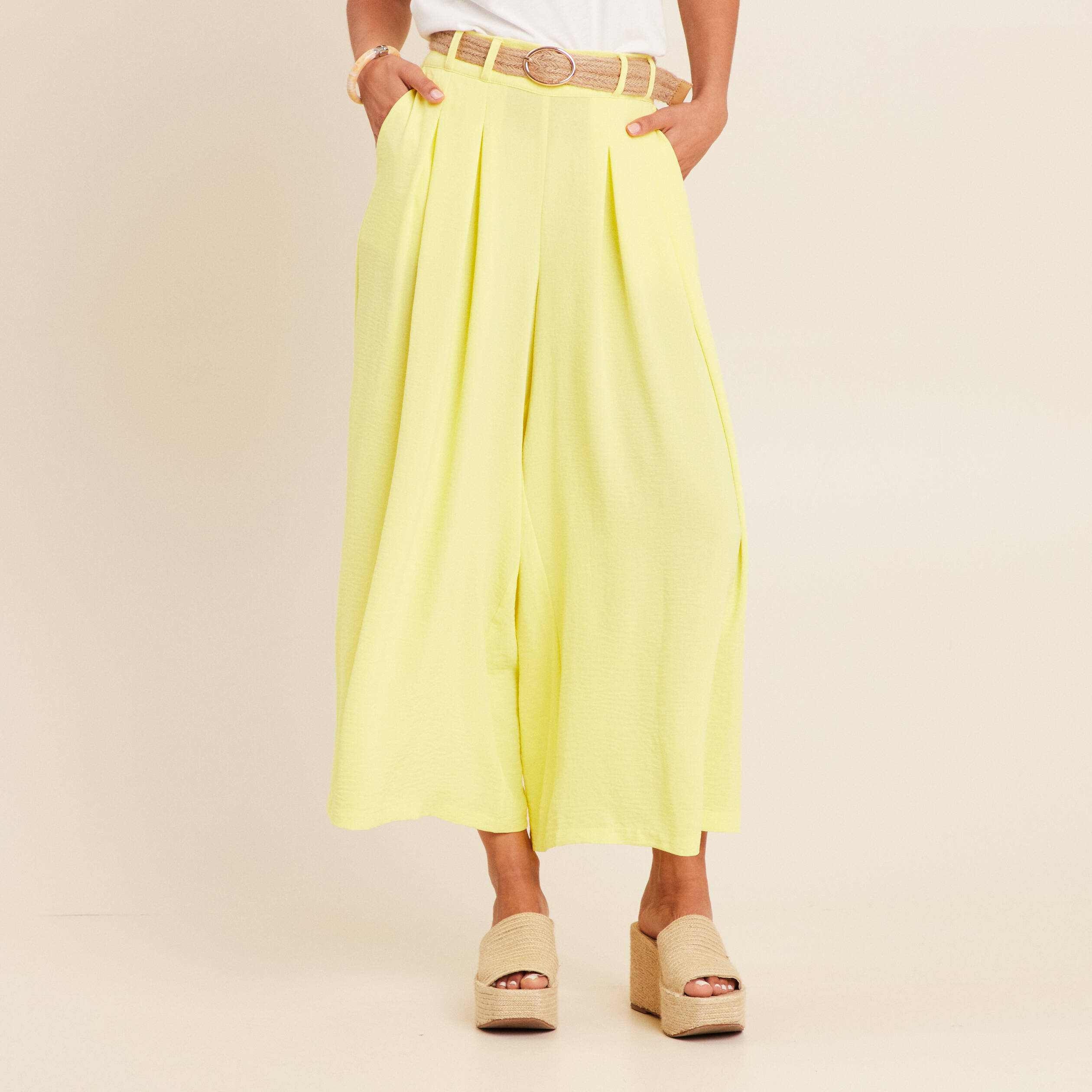 pantalon jupe culotte large jaune clair femme Pantalon jupe-culotte large jaune clair femme