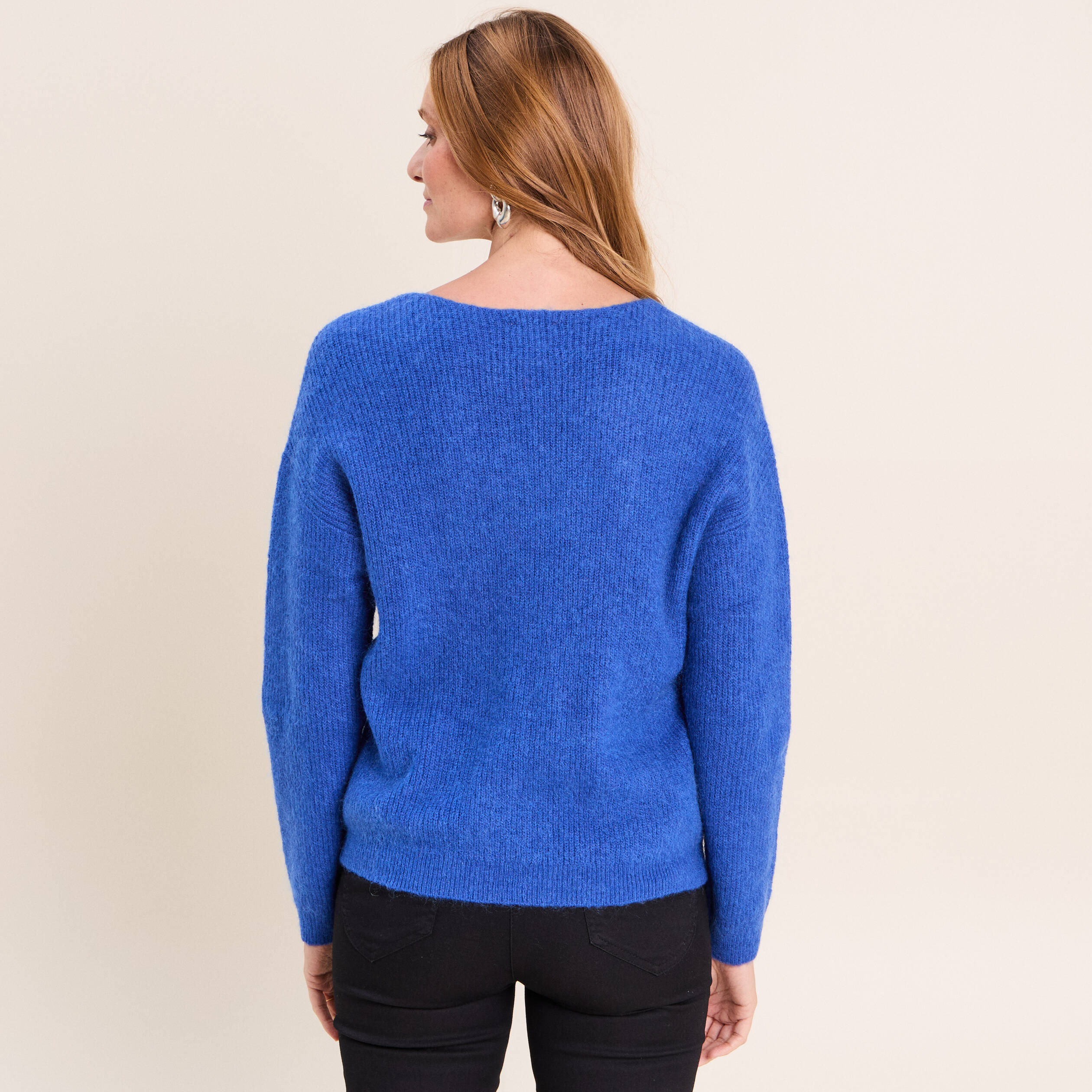 Pull col v bleu electrique femme
