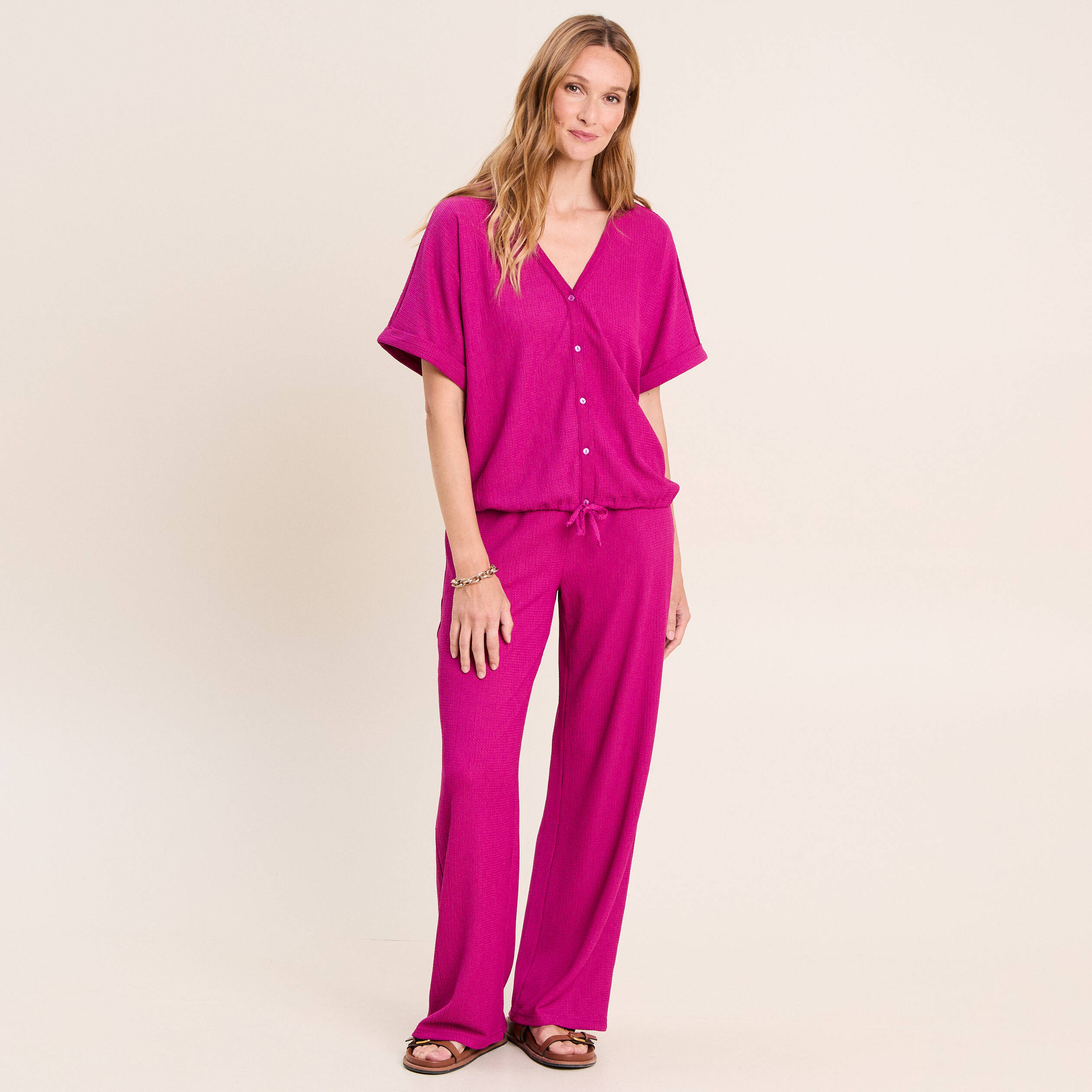 Pantalon large taille haute violet clair femme