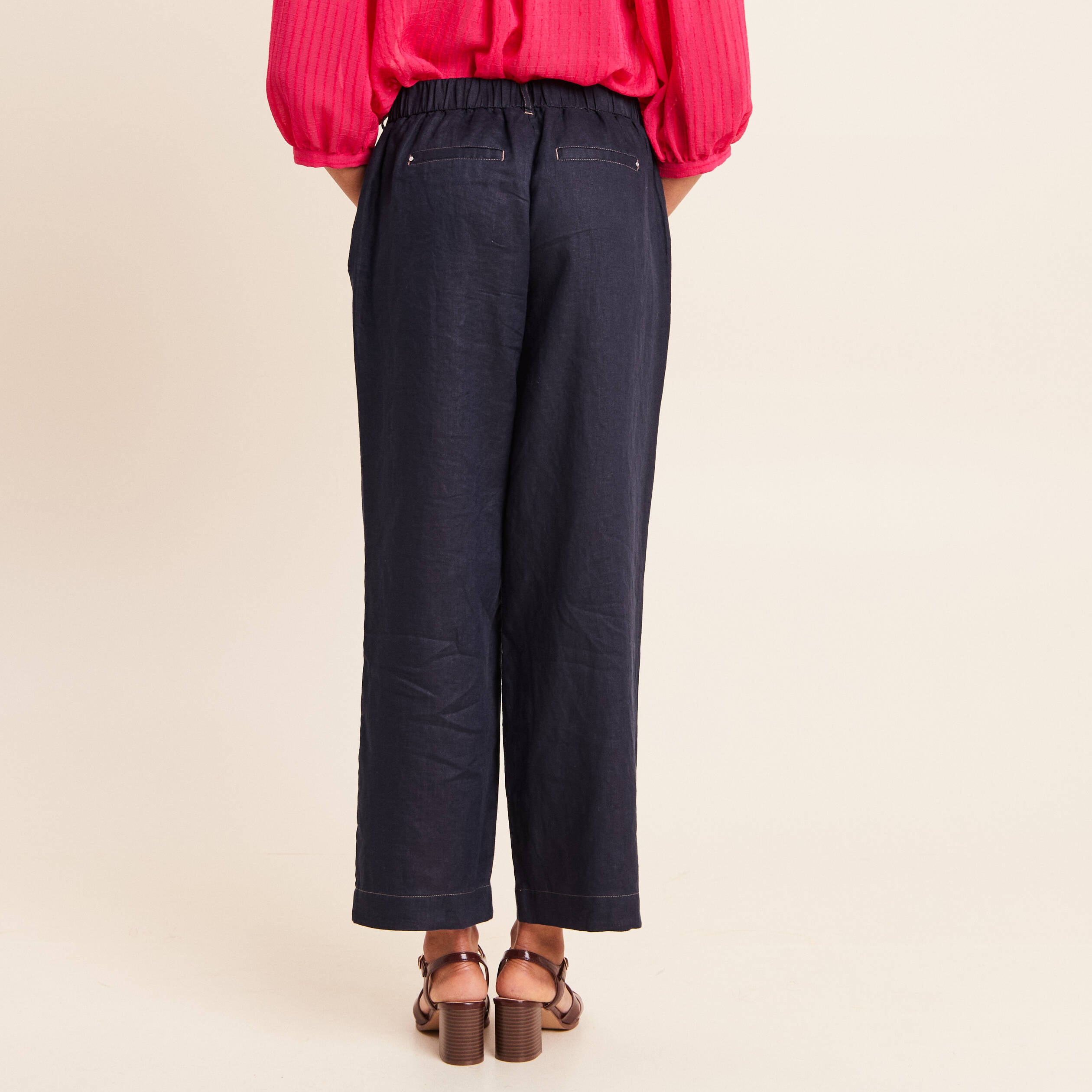Pantalon large taille standard bleu fonc&eacute; femme