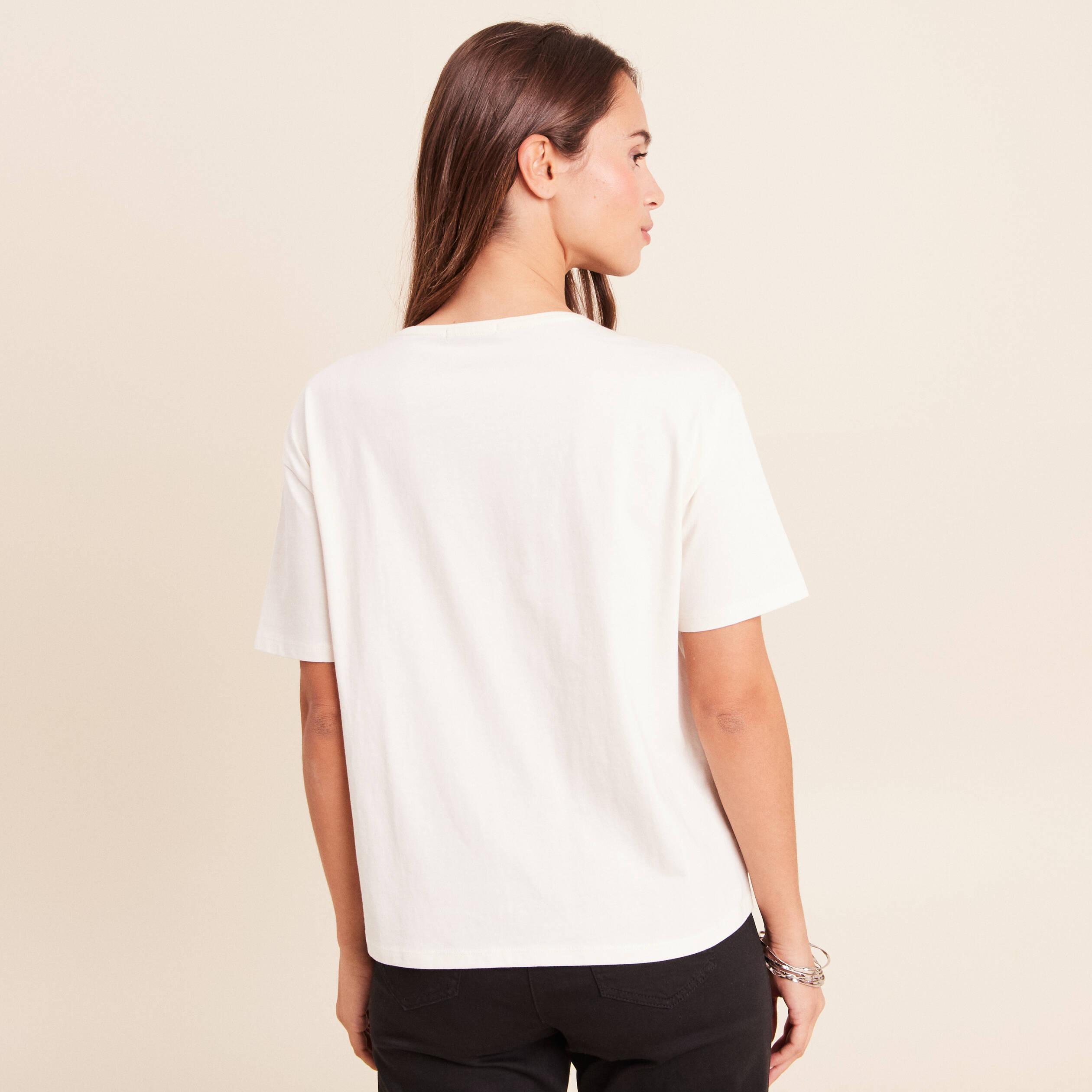 T-shirt ample col rond brod&eacute; ecru femme