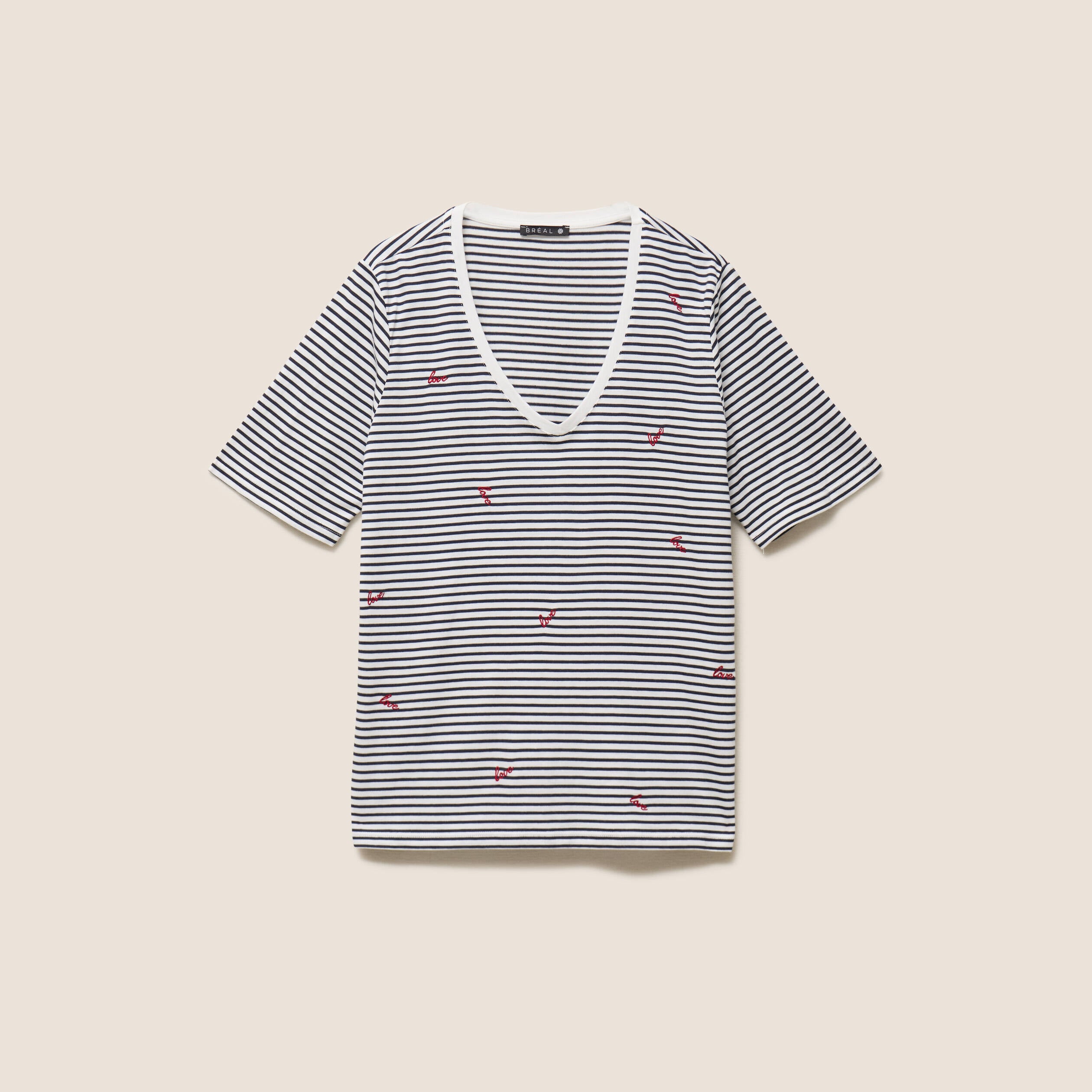 T-shirt droit broderie manches courtes bleu femme