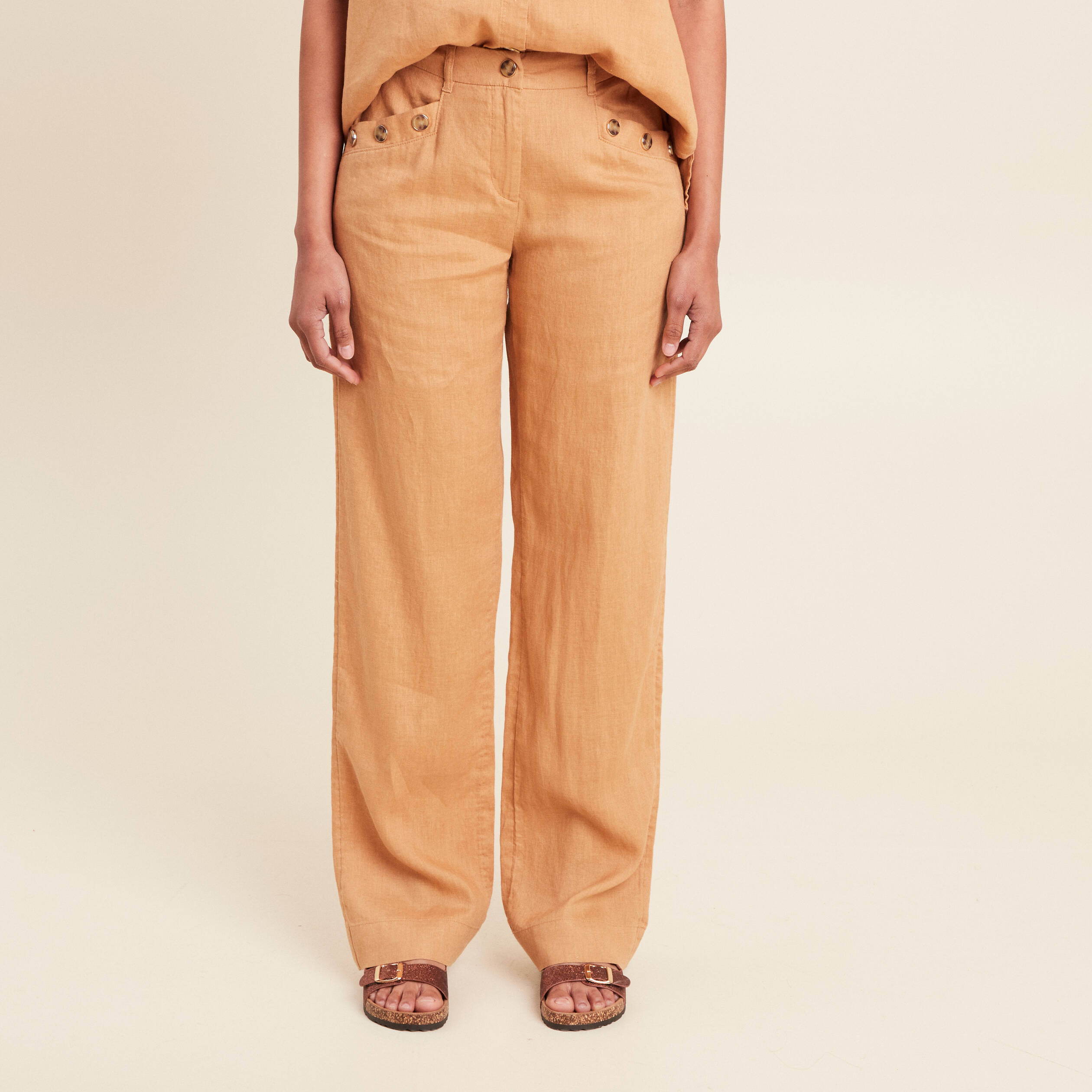 pantalon fluide taille haute beige femme Pantalon fluide taille haute beige femme