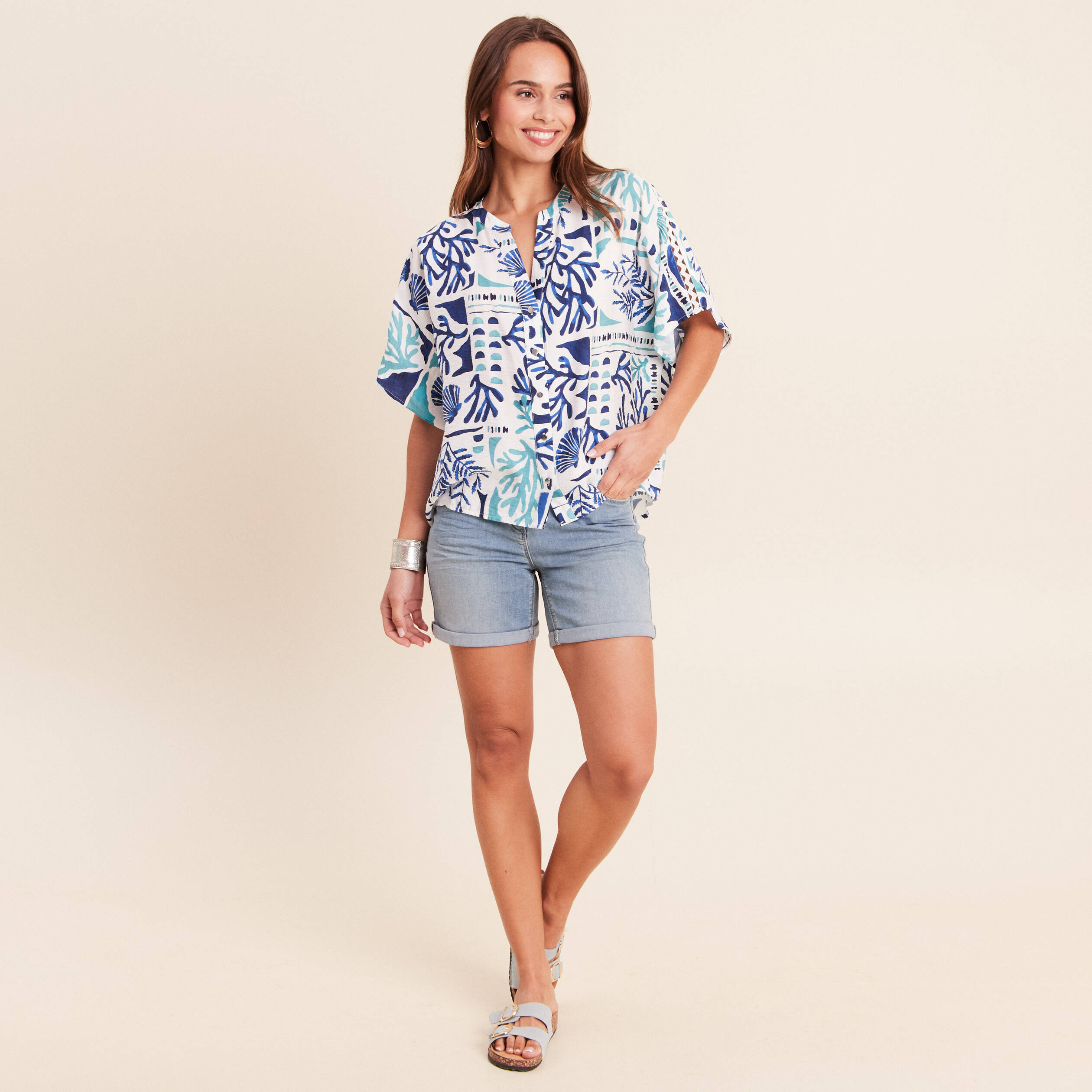 Chemise ample manches courtes fluide bleu femme