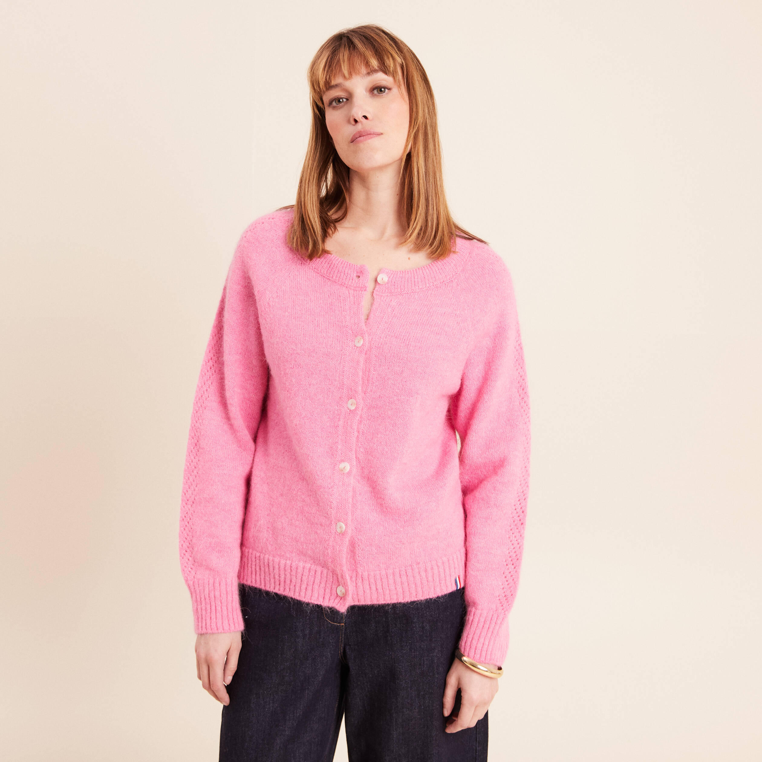 Gilet manches longues col rond rose fushia femme