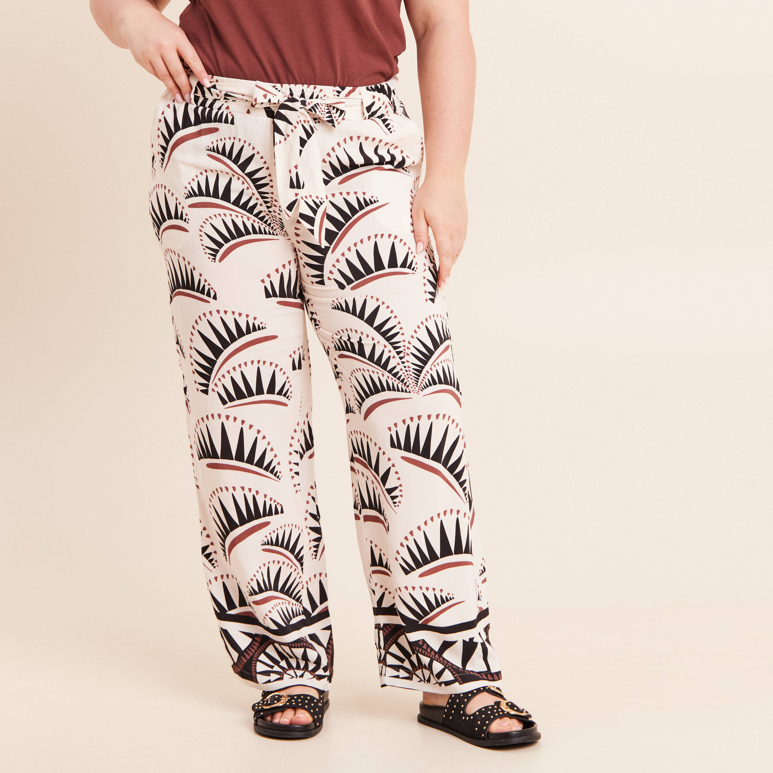 Pantalon large taille haute marron femme