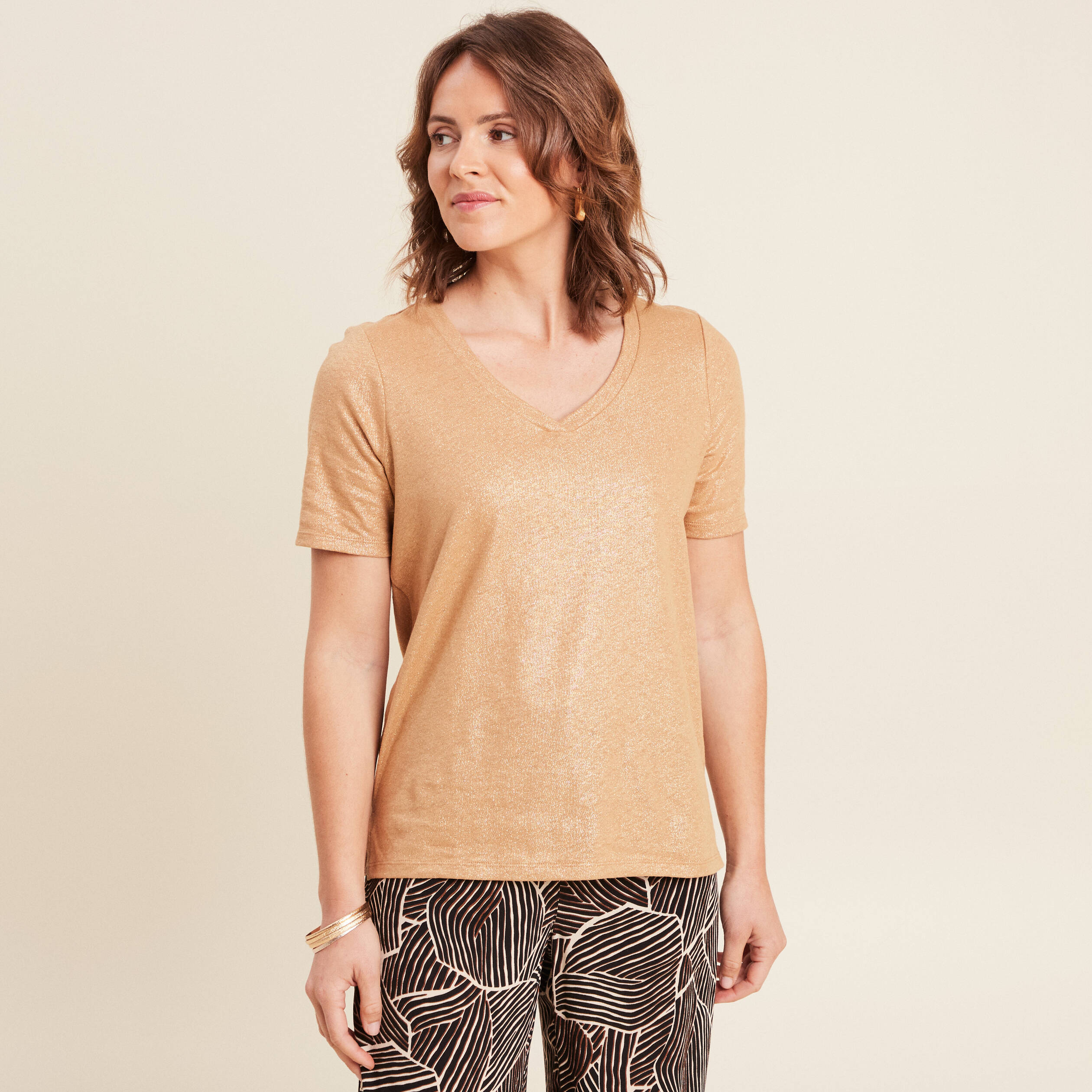 t shirt col v manches courtes beige femme T-shirt col V manches courtes beige femme