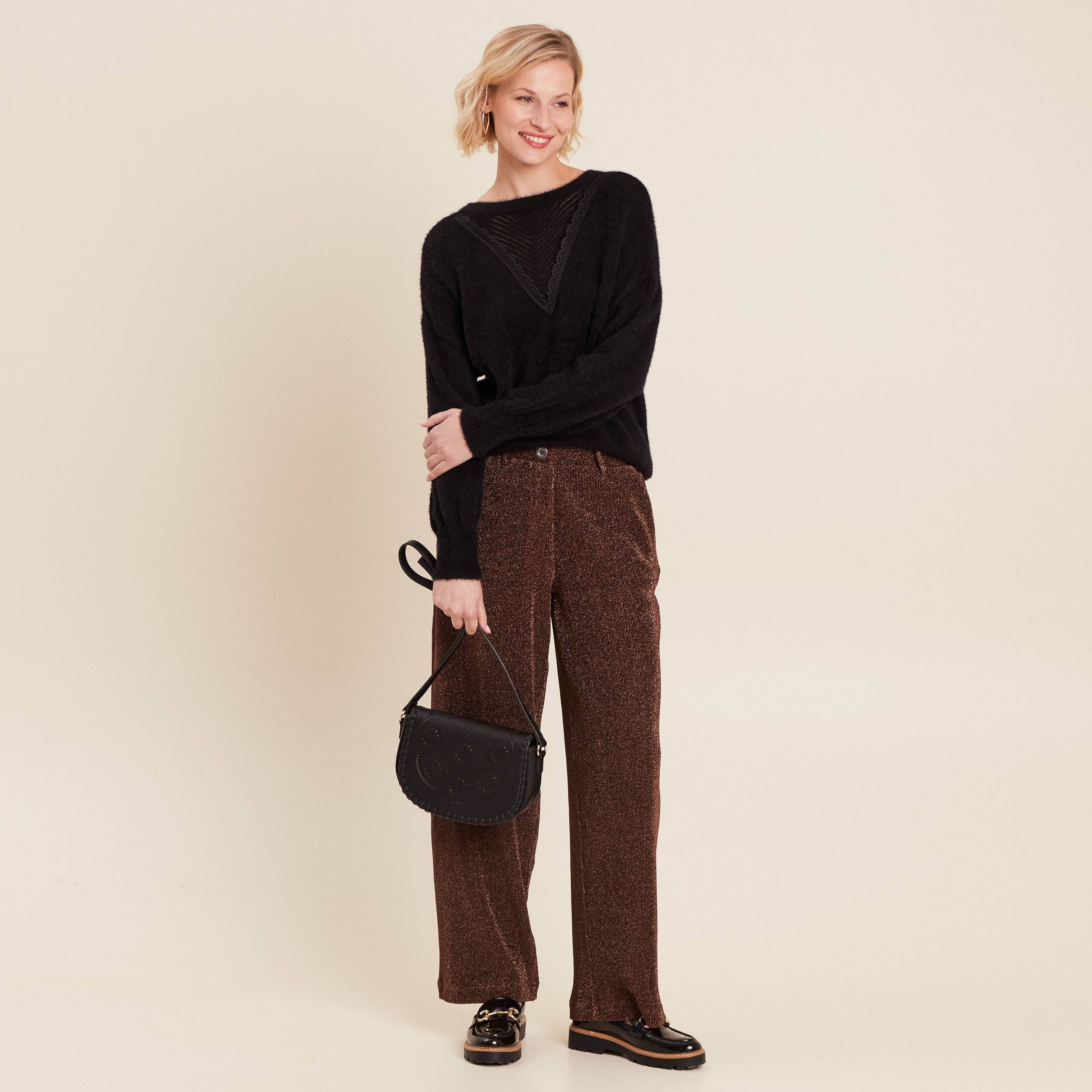 pantalon flou effet tricote couleur cuivre femme Pantalon flou effet tricoté couleur cuivre femme