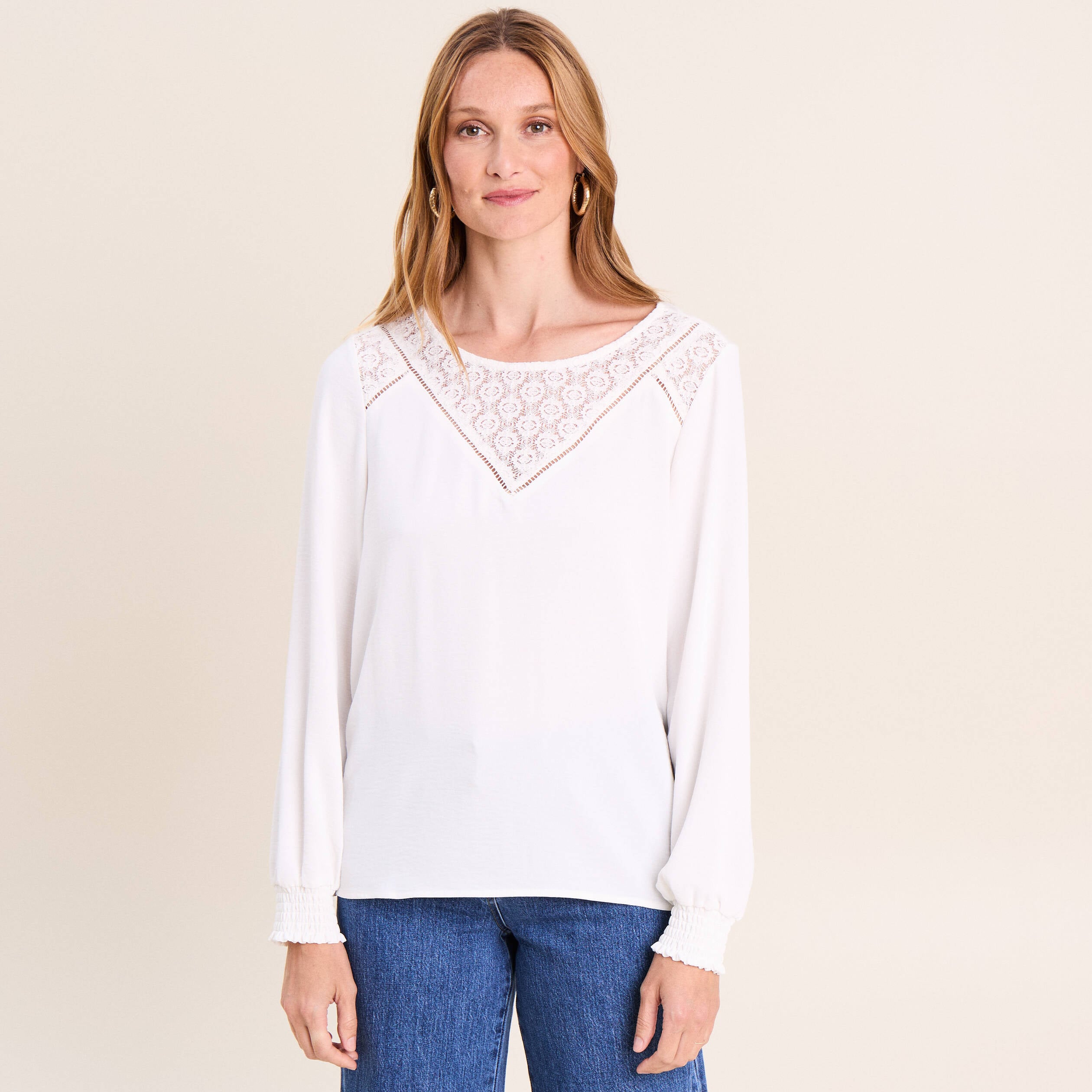 Blouse droite manches longues dentelle ecru femme