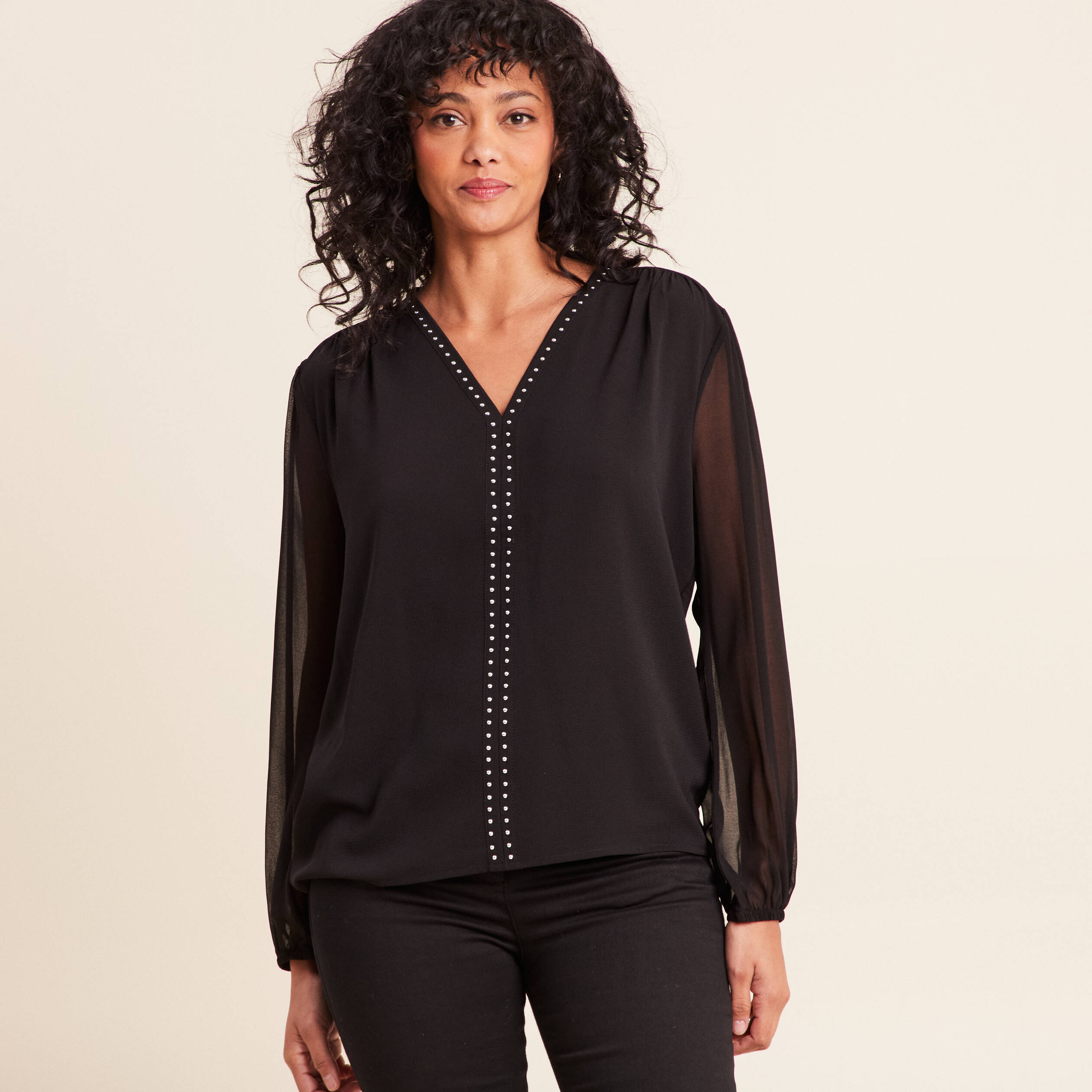 T-shirt col v manches longues noir femme