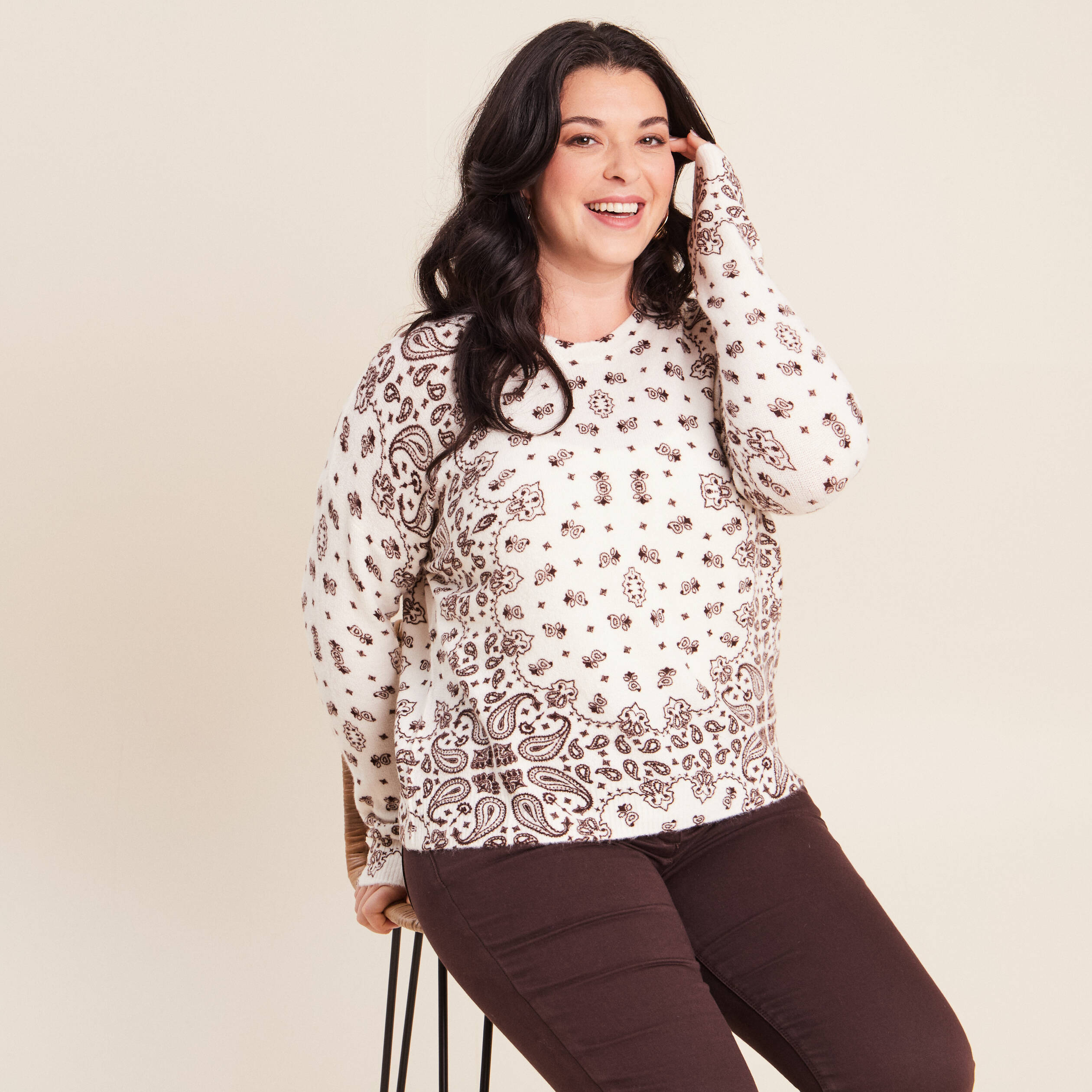Pull col rond marron femme