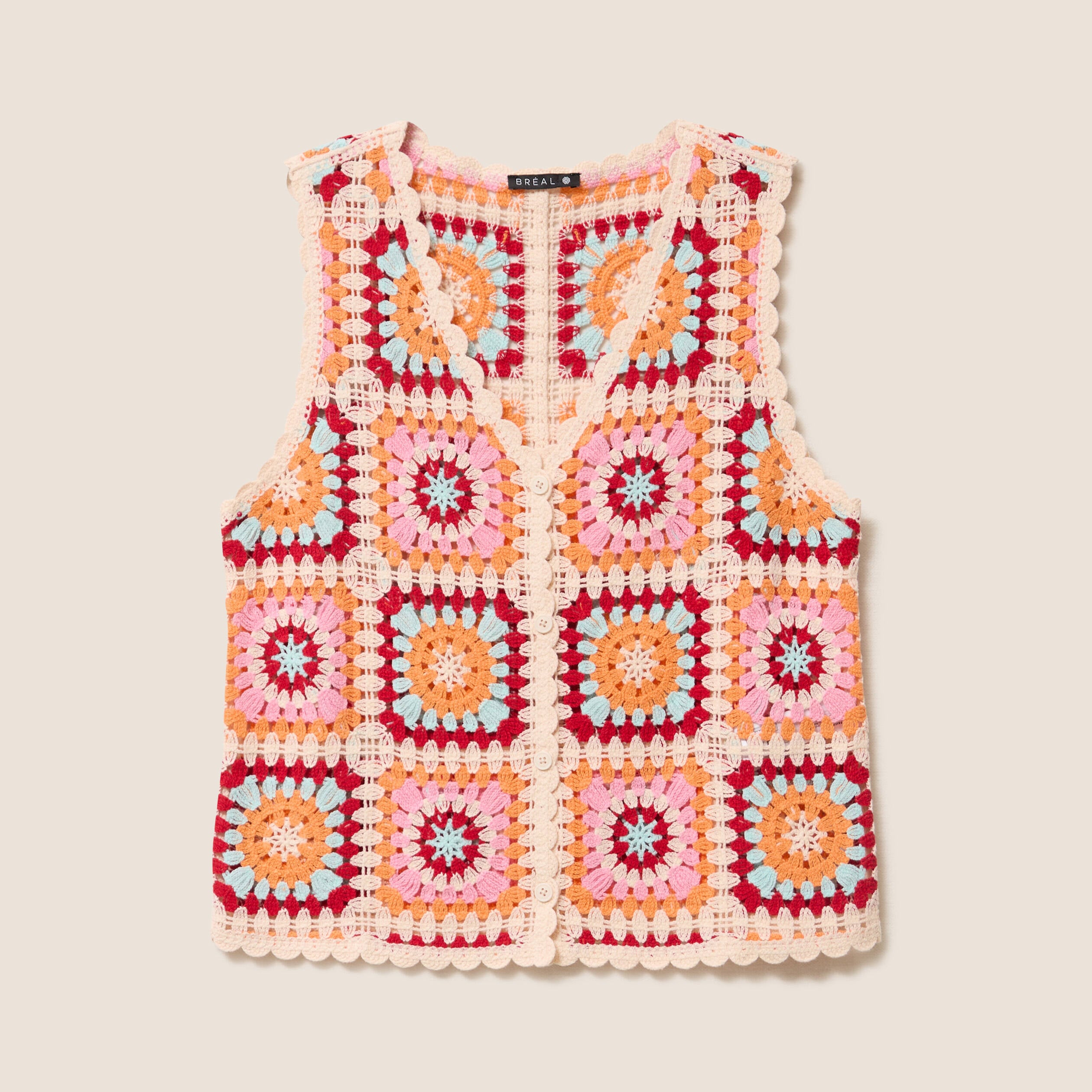 Gilet macram&eacute; col v sans manches ecru femme