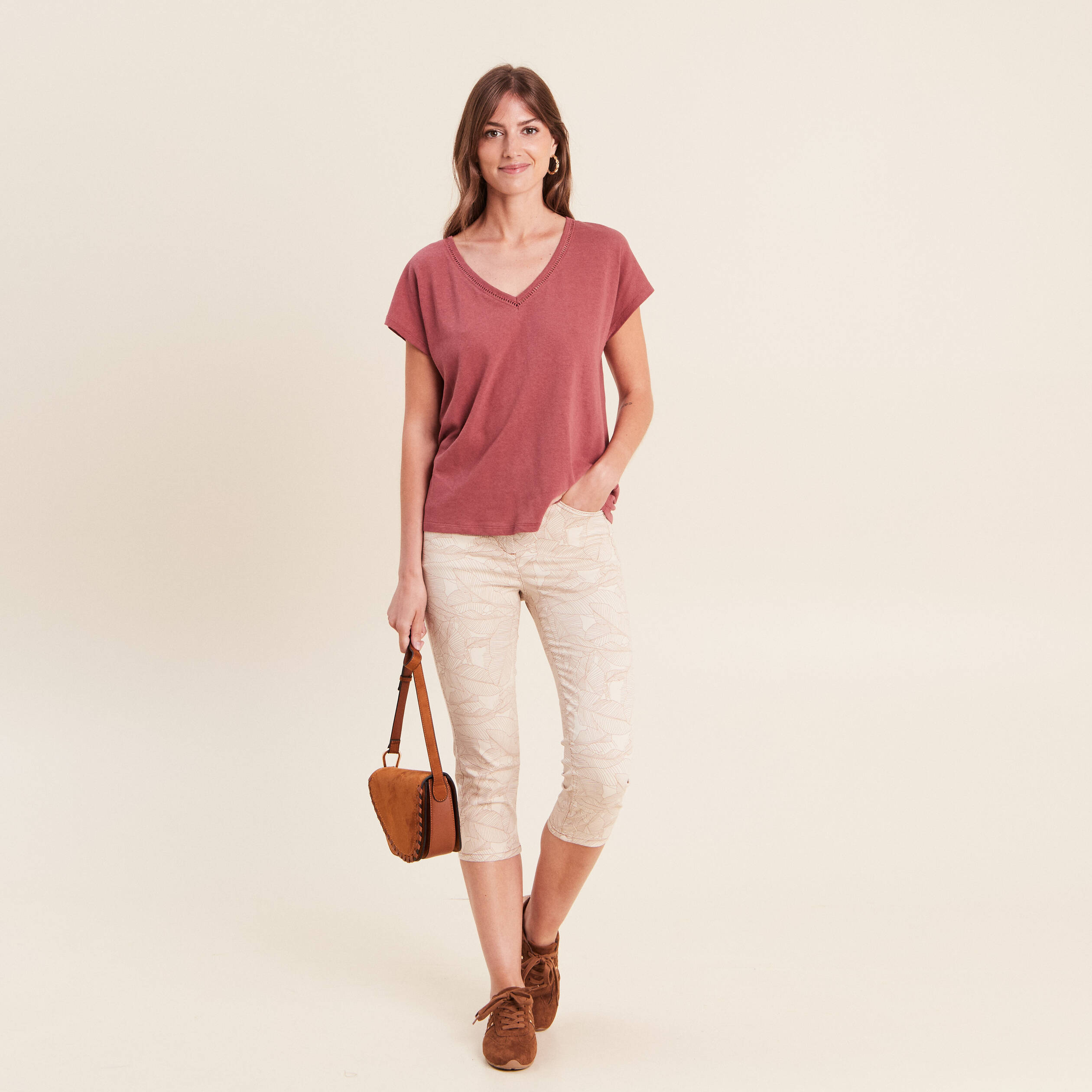T-shirt col v manches courtes aspect lin vieux rose femme