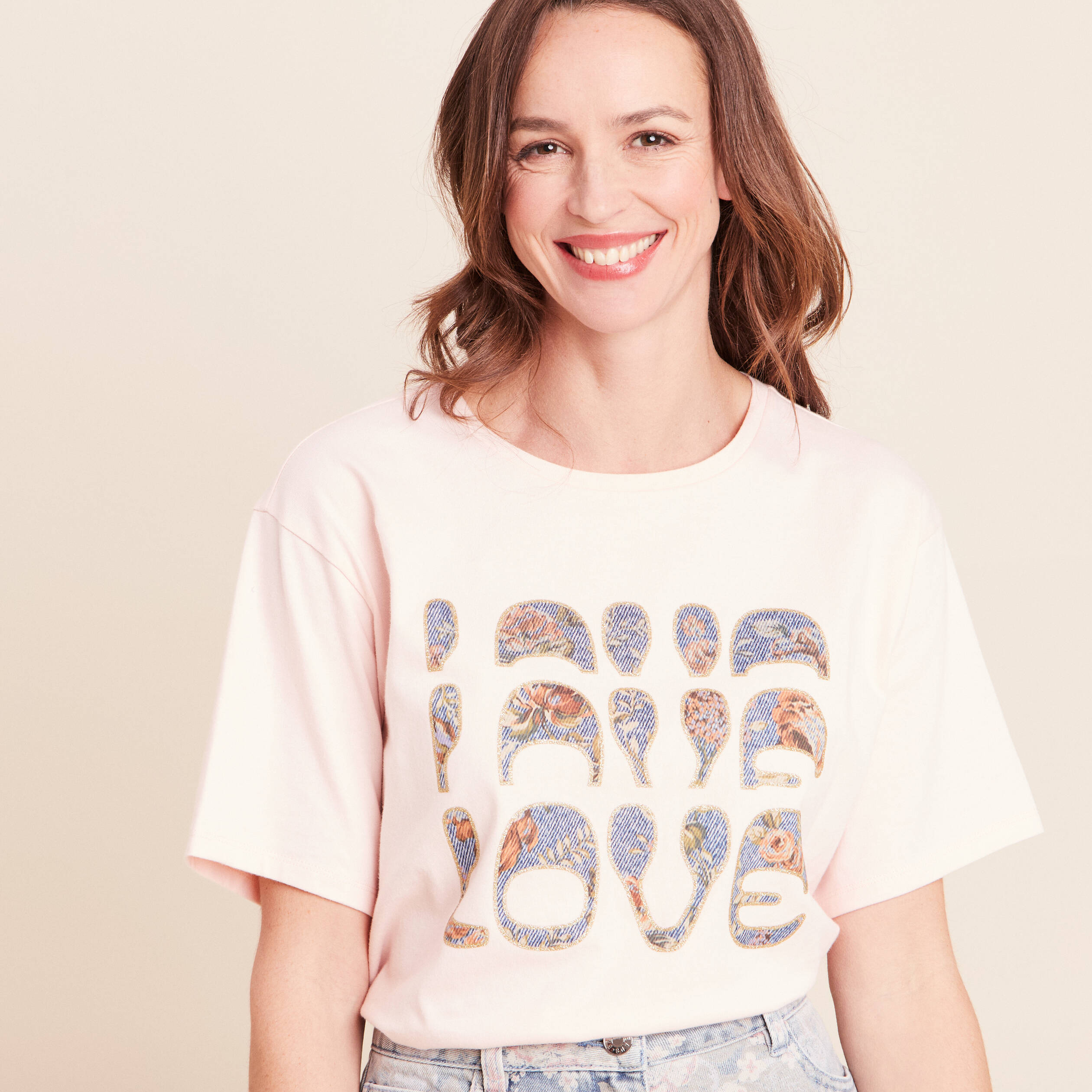 T-shirt col rond manches courtes rose clair femme