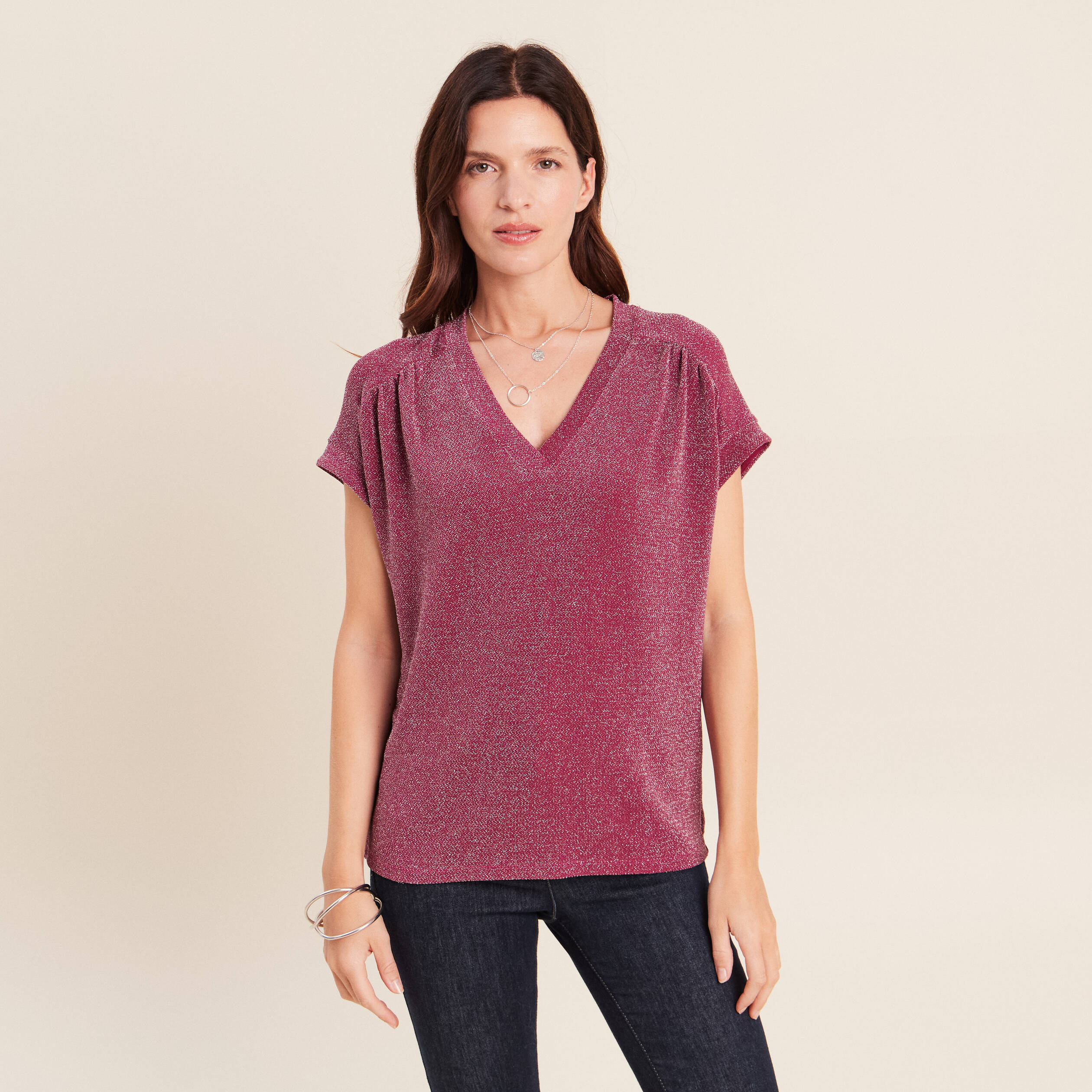 T-shirt manches courtes rouge fonc&eacute; femme