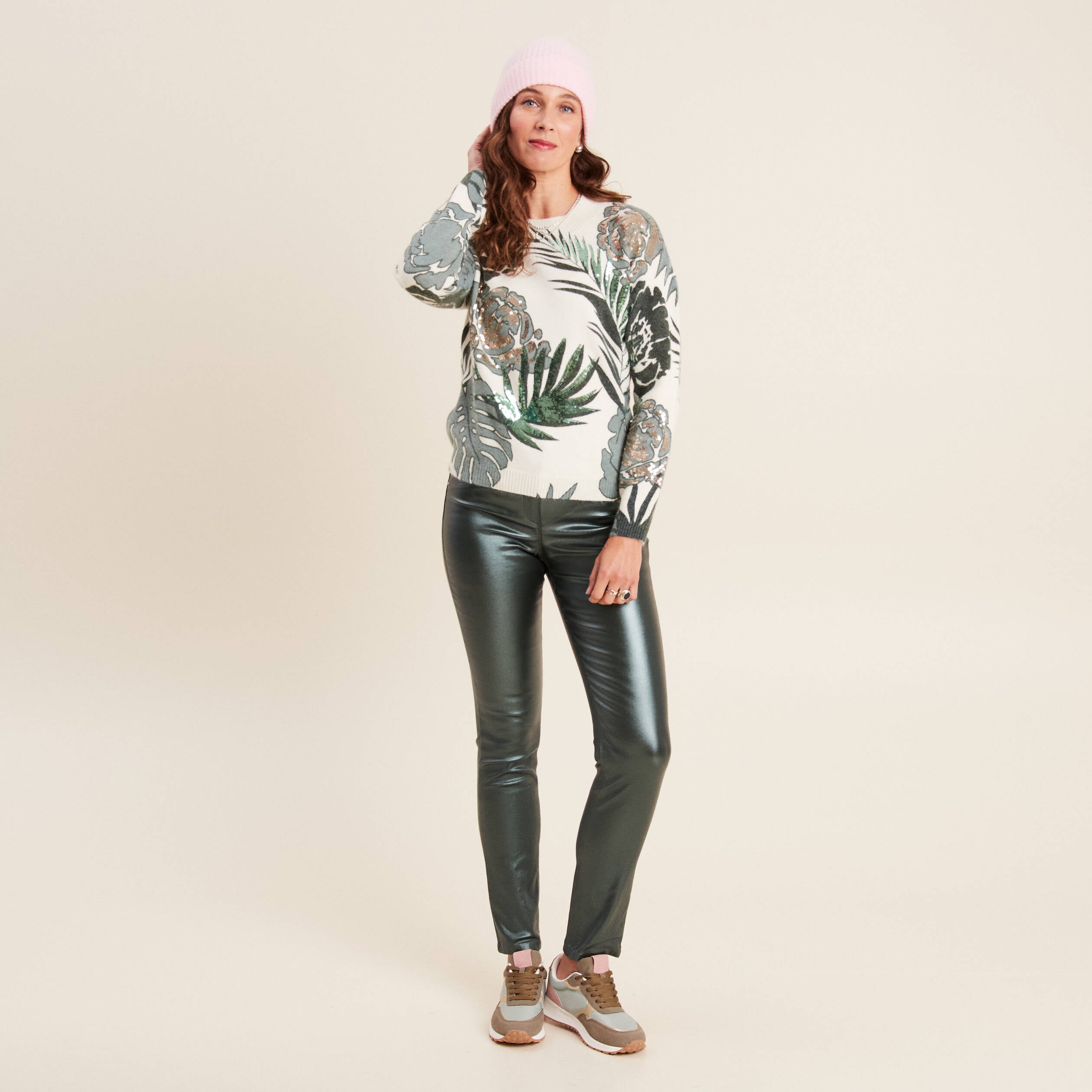 Pantalon ajust&eacute; enduit &agrave; pont vert fonc&eacute; femme