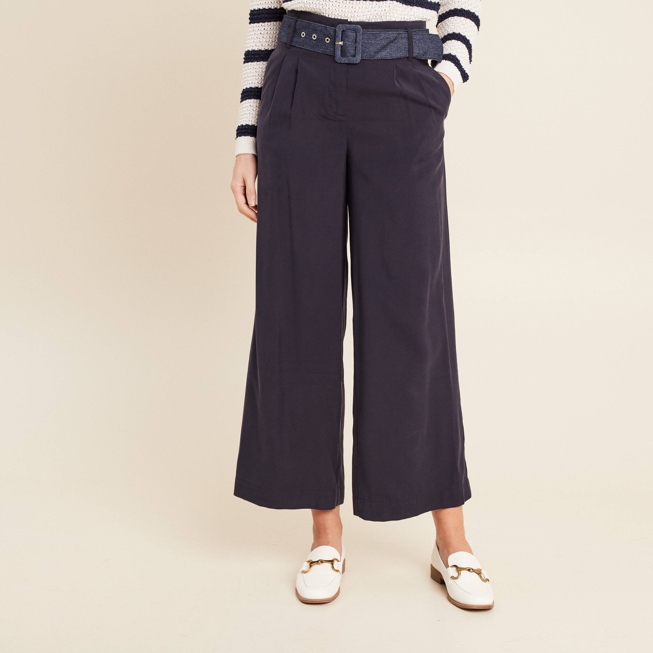 pantalon large ceinture bleu fonce femme Pantalon large ceinturé bleu foncé femme