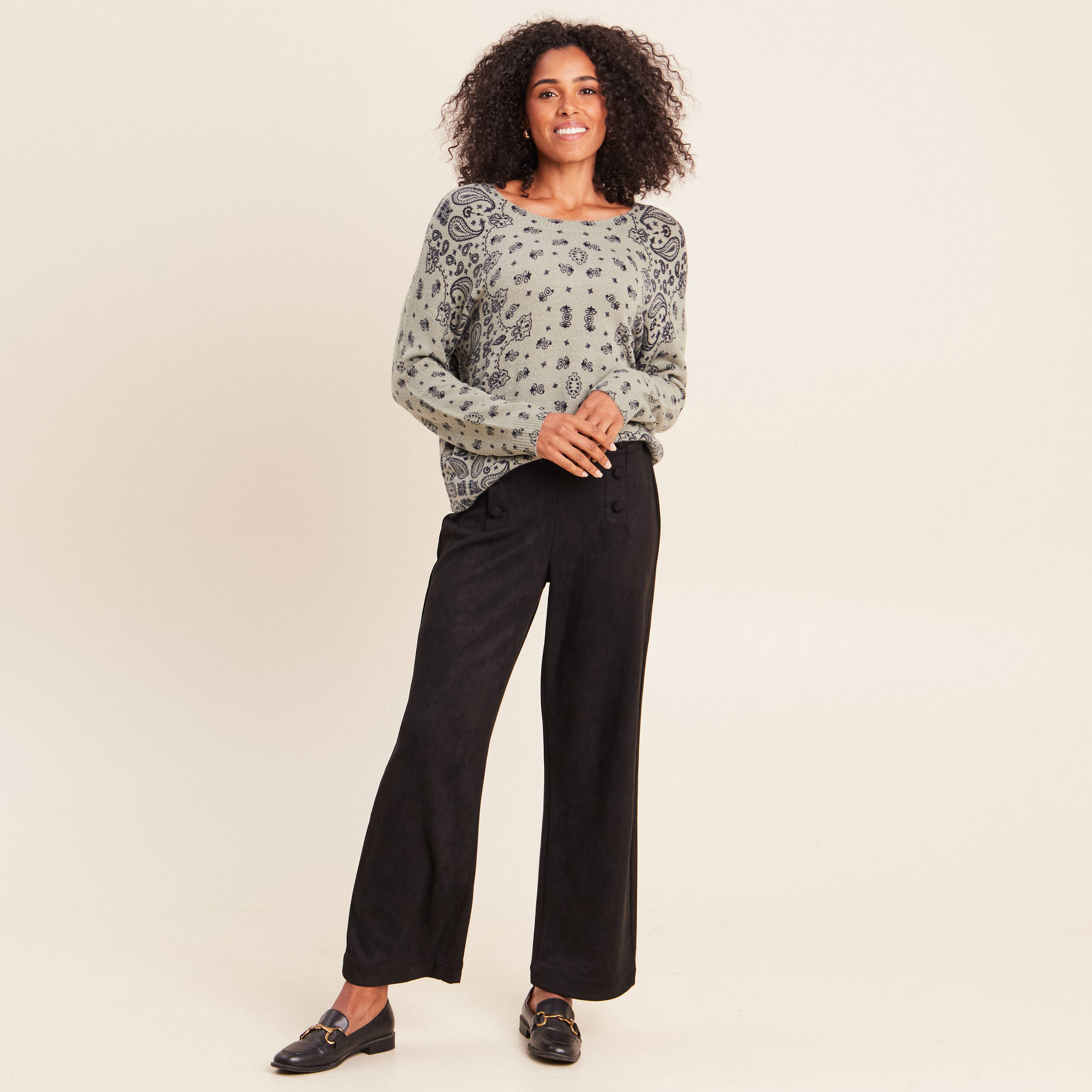 Pull col rond vert femme