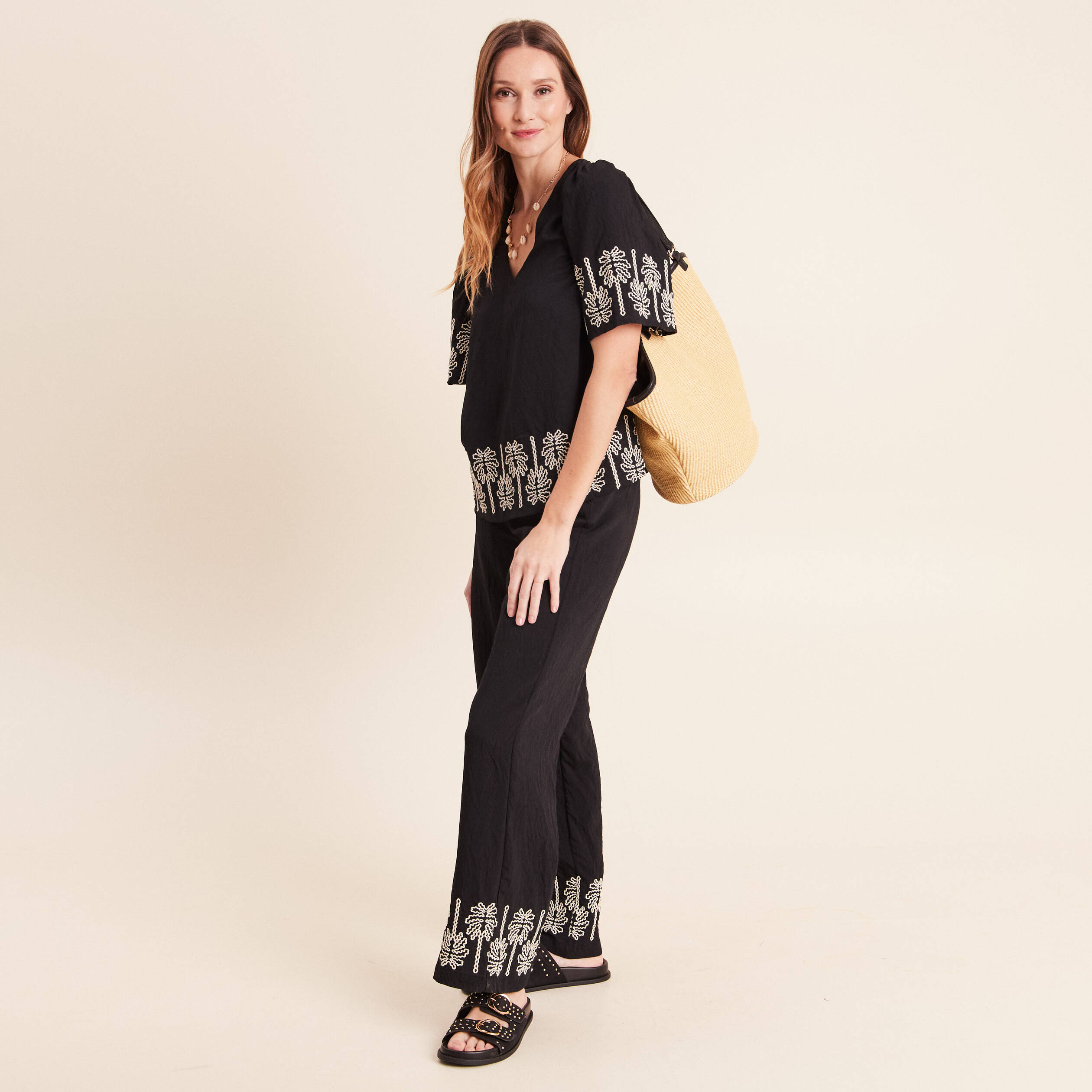 Pantalon large 7/8&egrave;me taille haute noir femme
