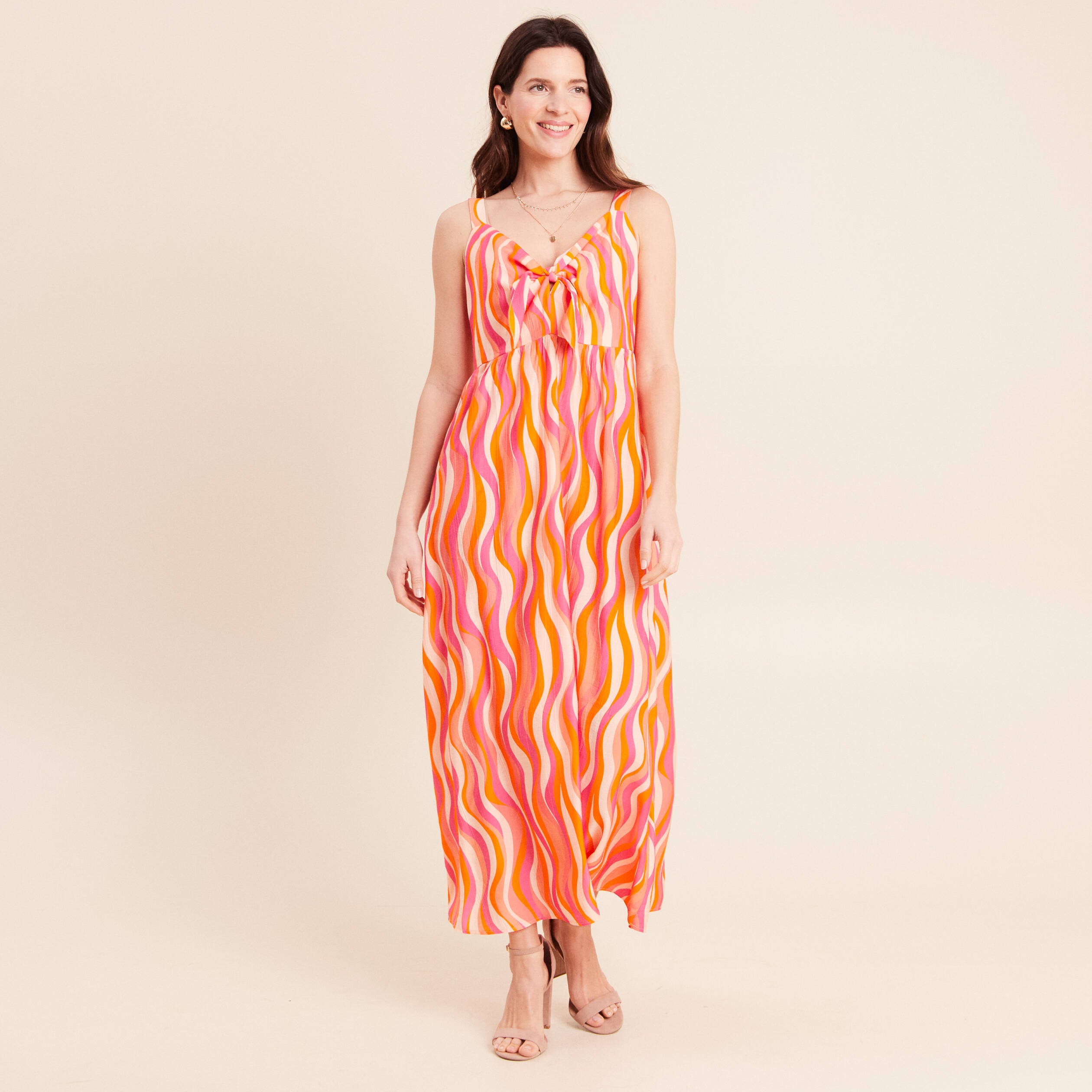 Robe longue &eacute;vas&eacute;e &agrave; fines bretelles orange femme
