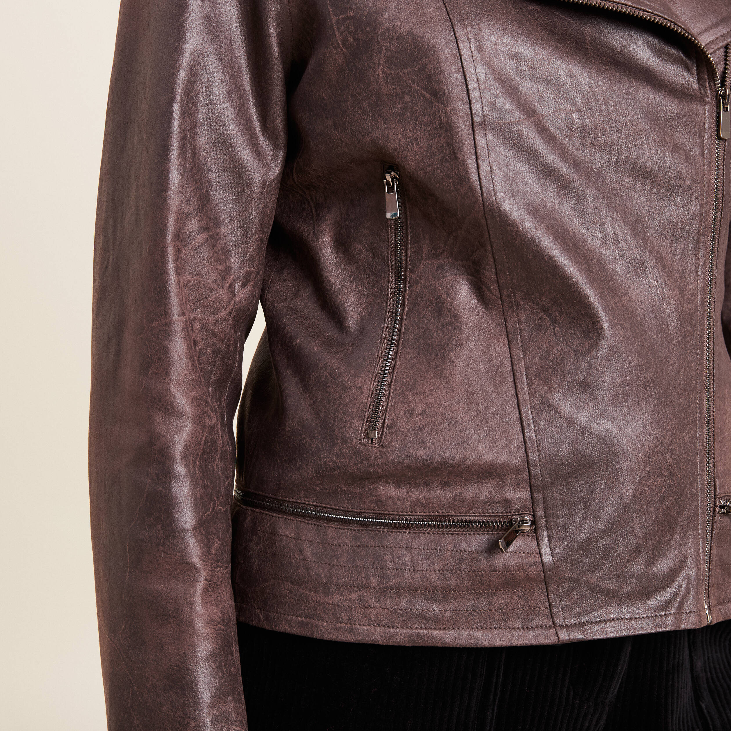 Veste esprit motard zipp&eacute;e marron fonc&eacute; femme
