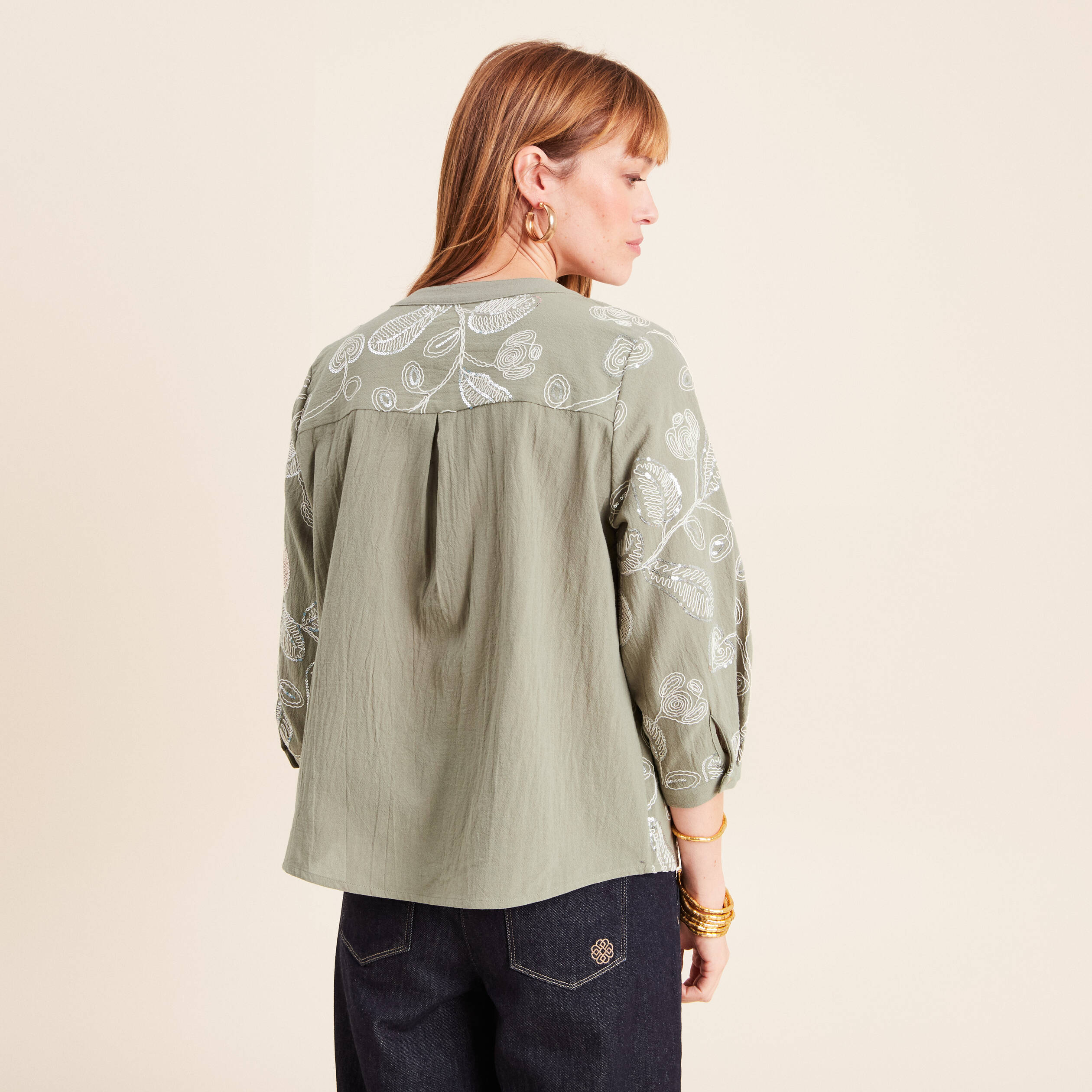 Blouse col tunisien manches 3/4 vert femme