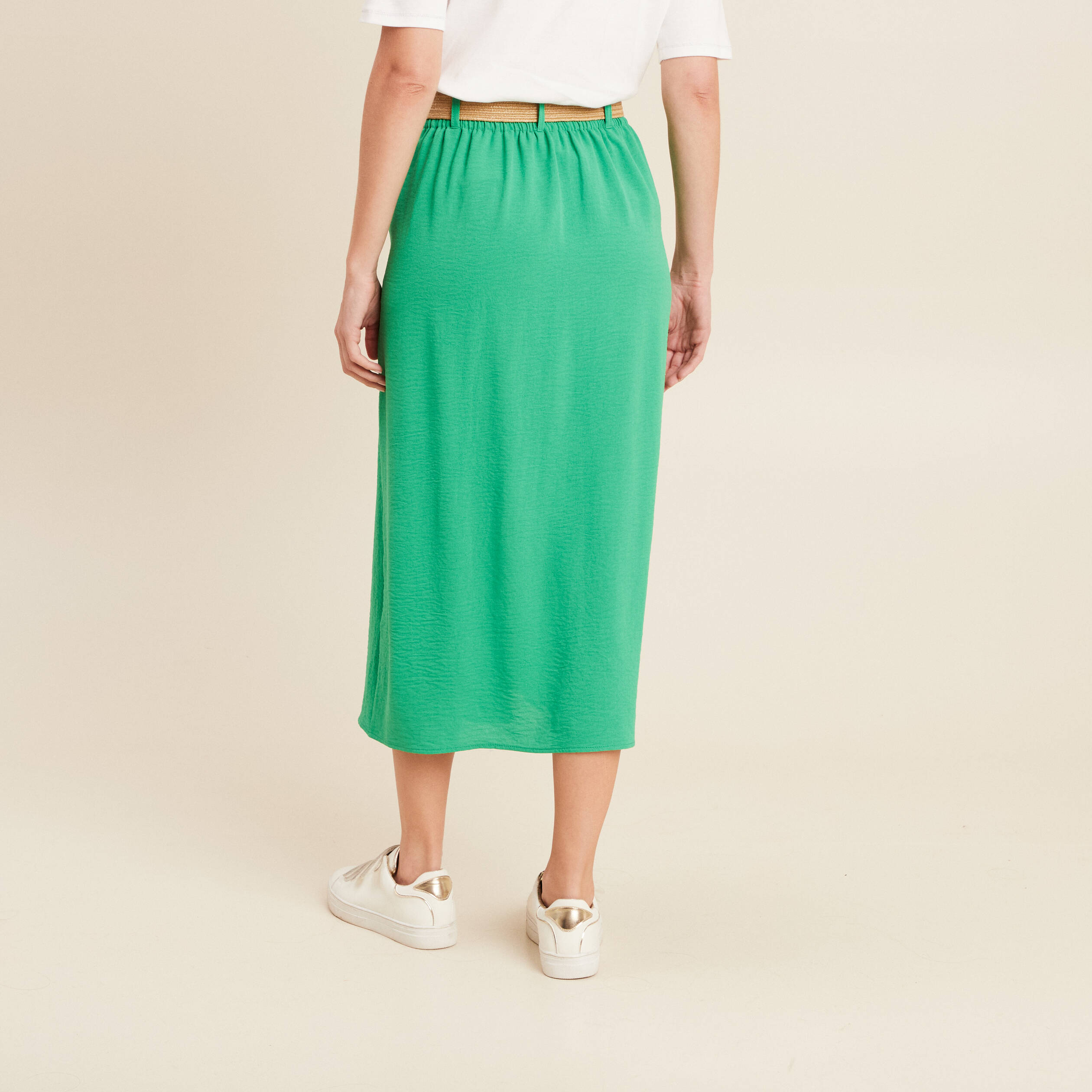 jupe longue evasee ceinturee vert femme Jupe longue évasée ceinturée vert femme