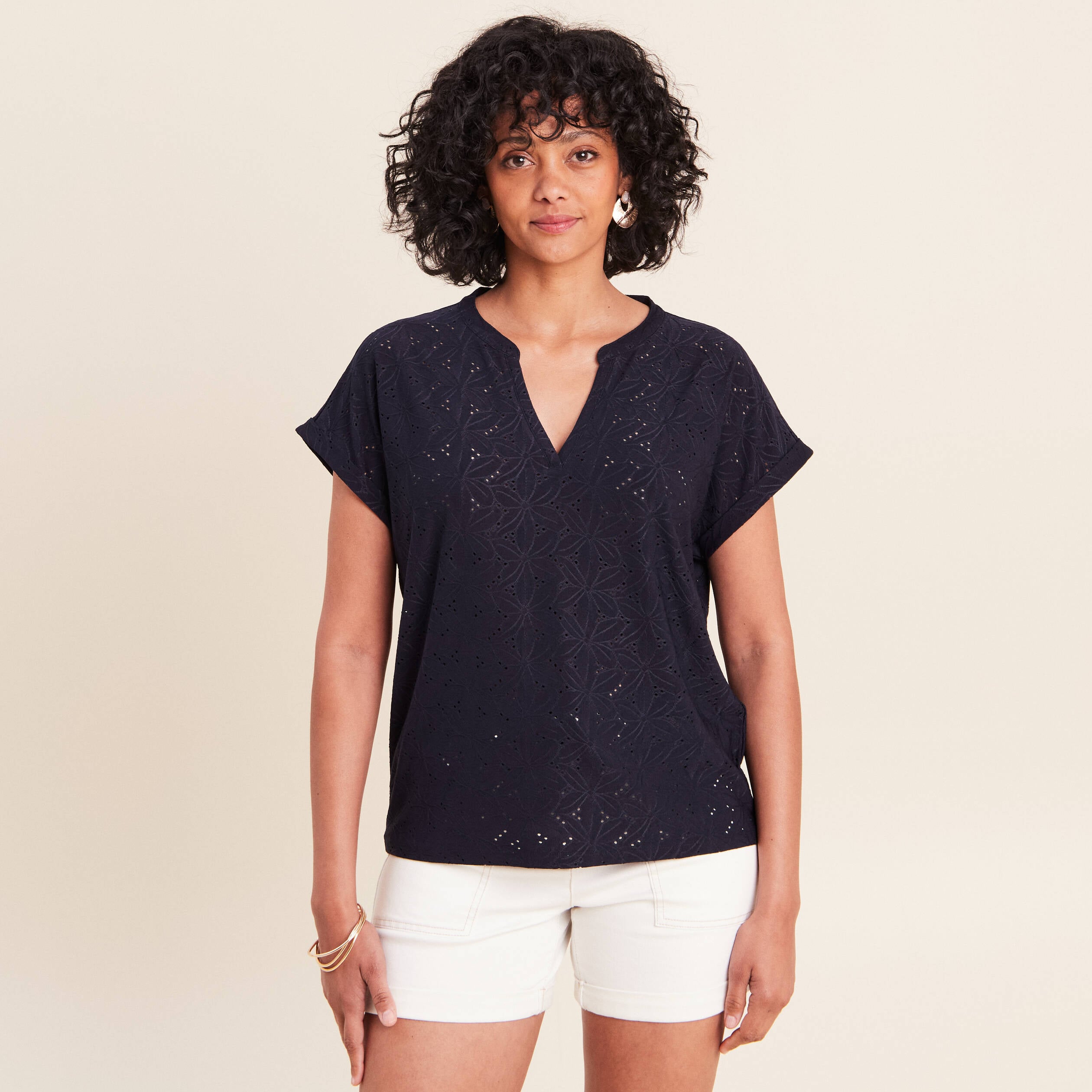 T-shirt droit manches courtes bleu marine femme