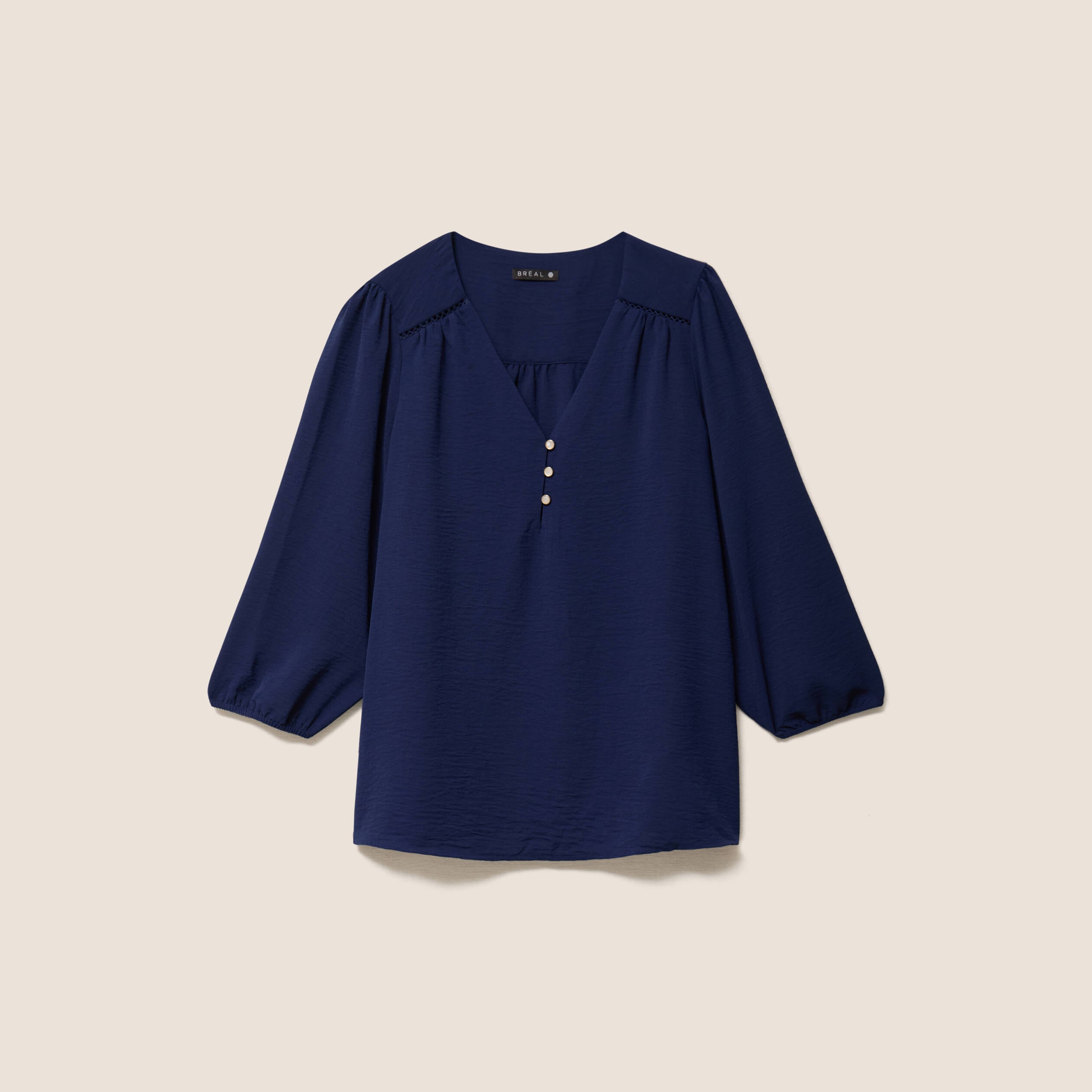 Blouse col v manches 3/4 fluide bleu marine femme