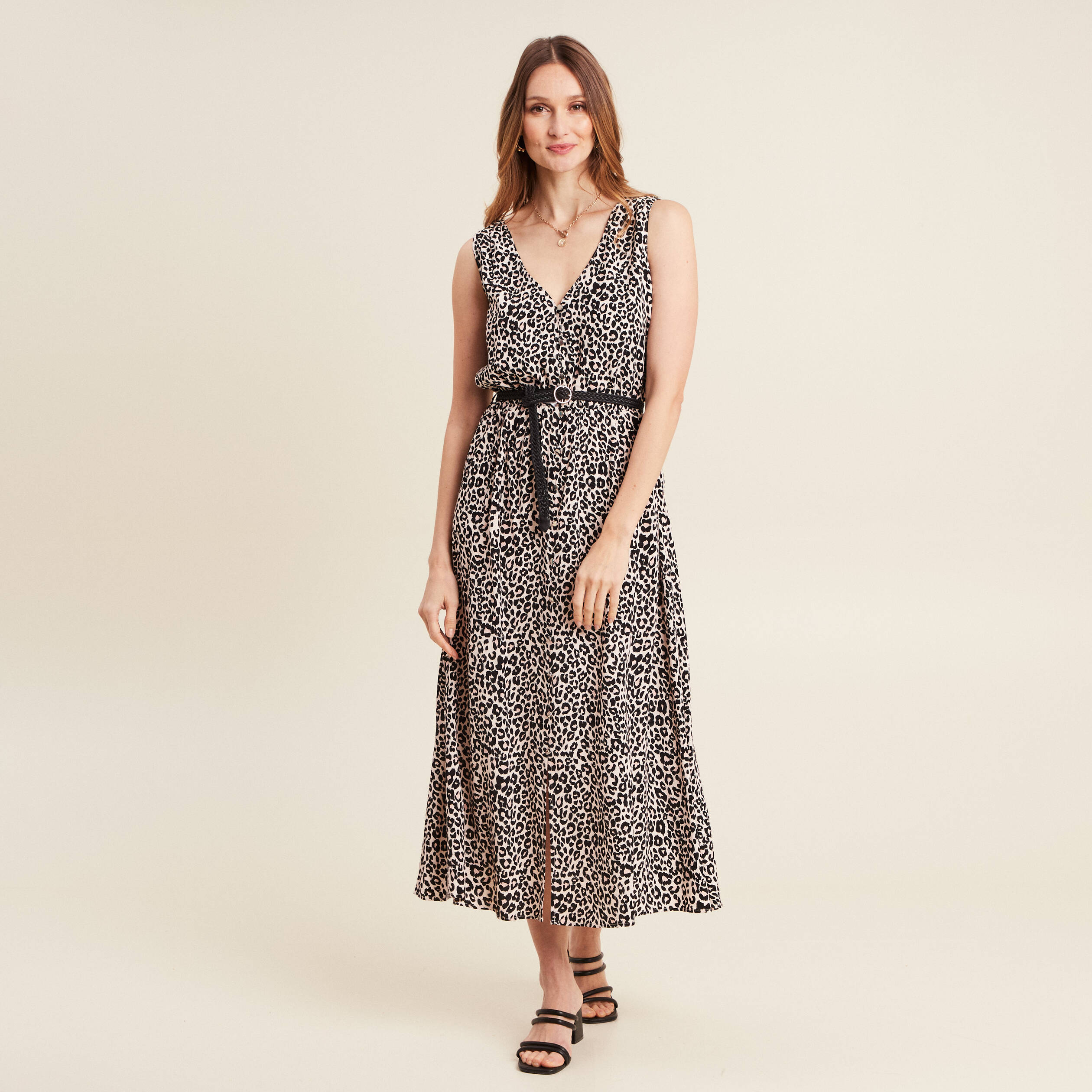 robe midi evasee ceinturee rose pastel femme Robe midi évasée ceinturée rose pastel femme