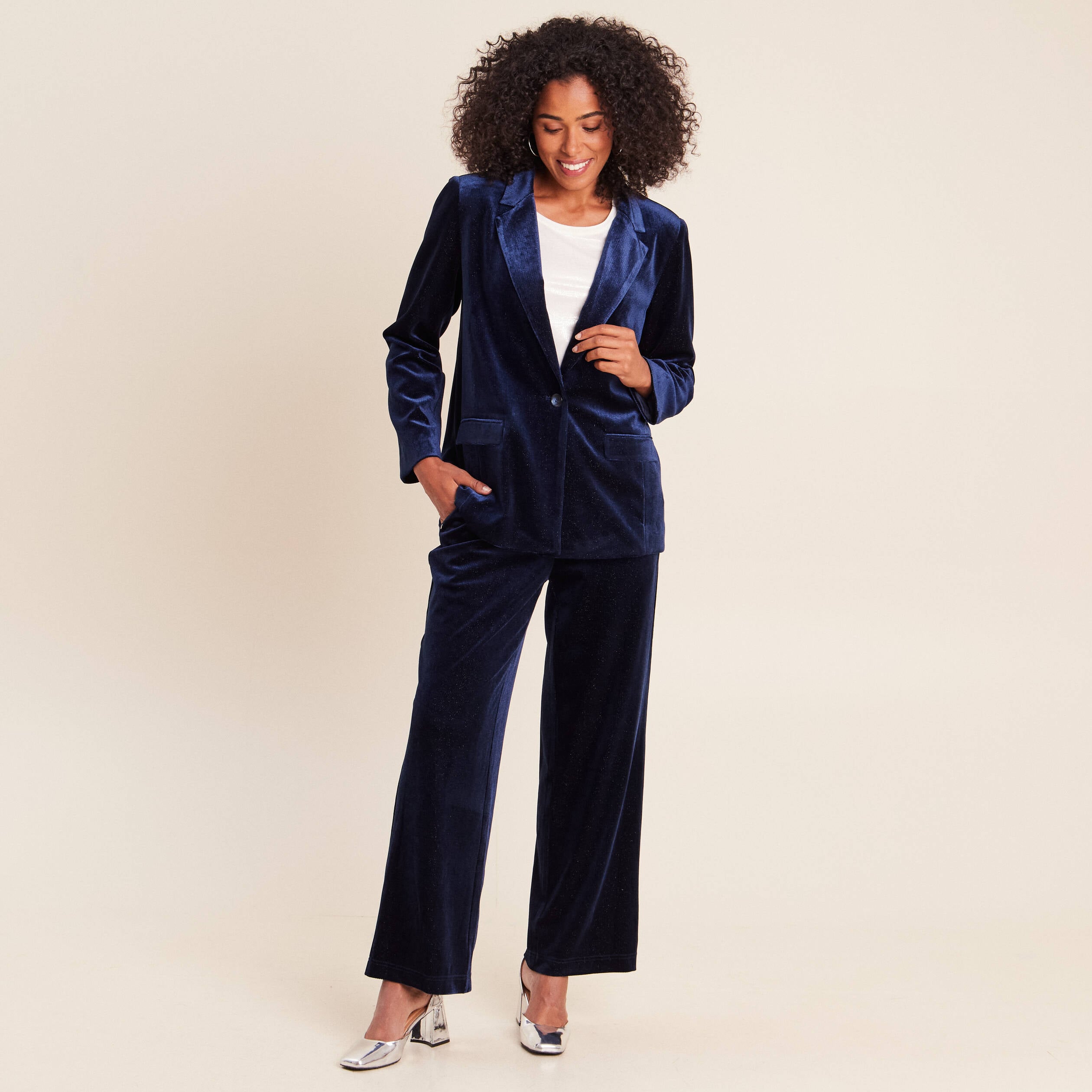 Pantalon large taille haute &agrave; paillettes bleu fonc&eacute; femme