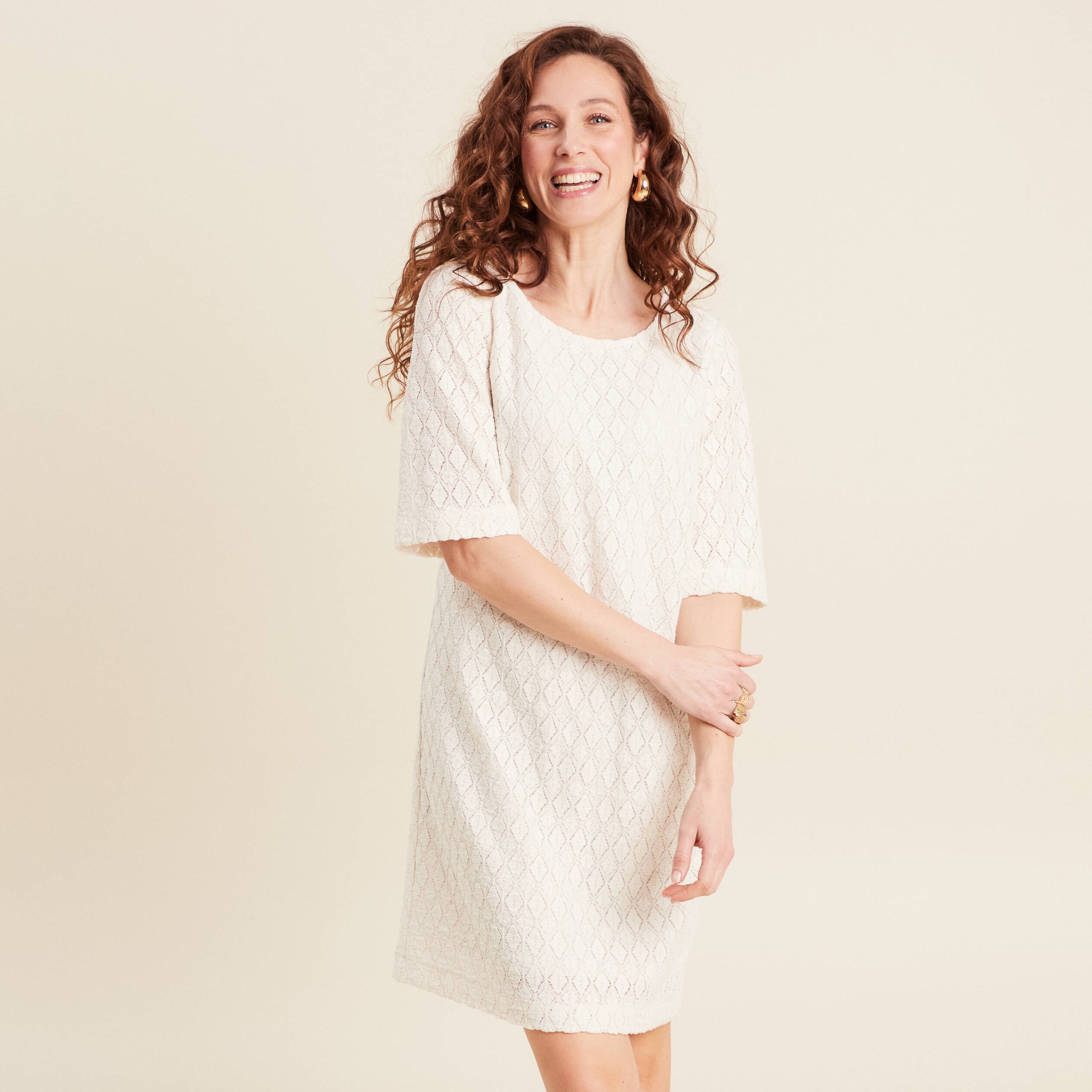 Robe droite dentelle ecru femme