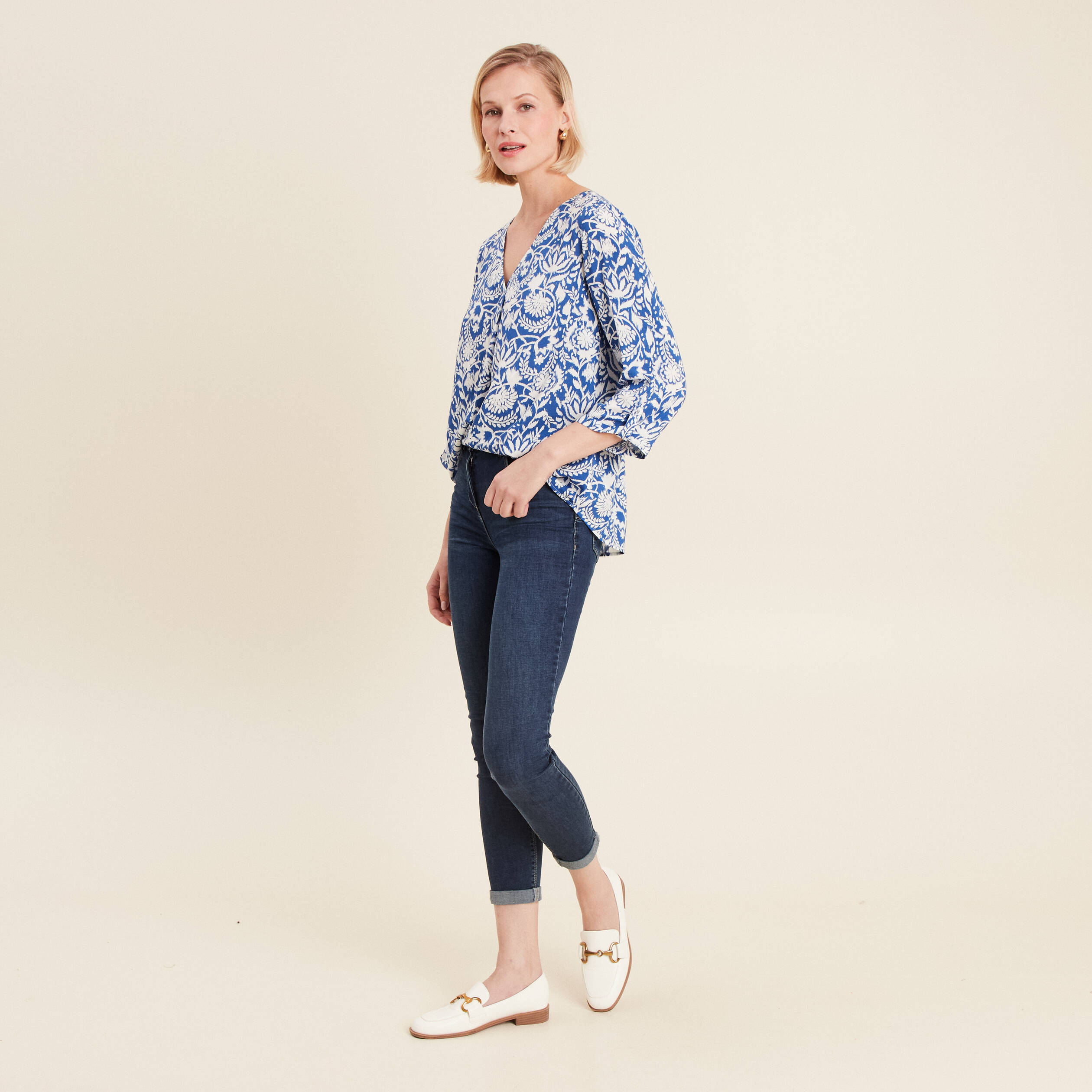 blouse manches 34 bleu femme Blouse manches 3/4 bleu femme