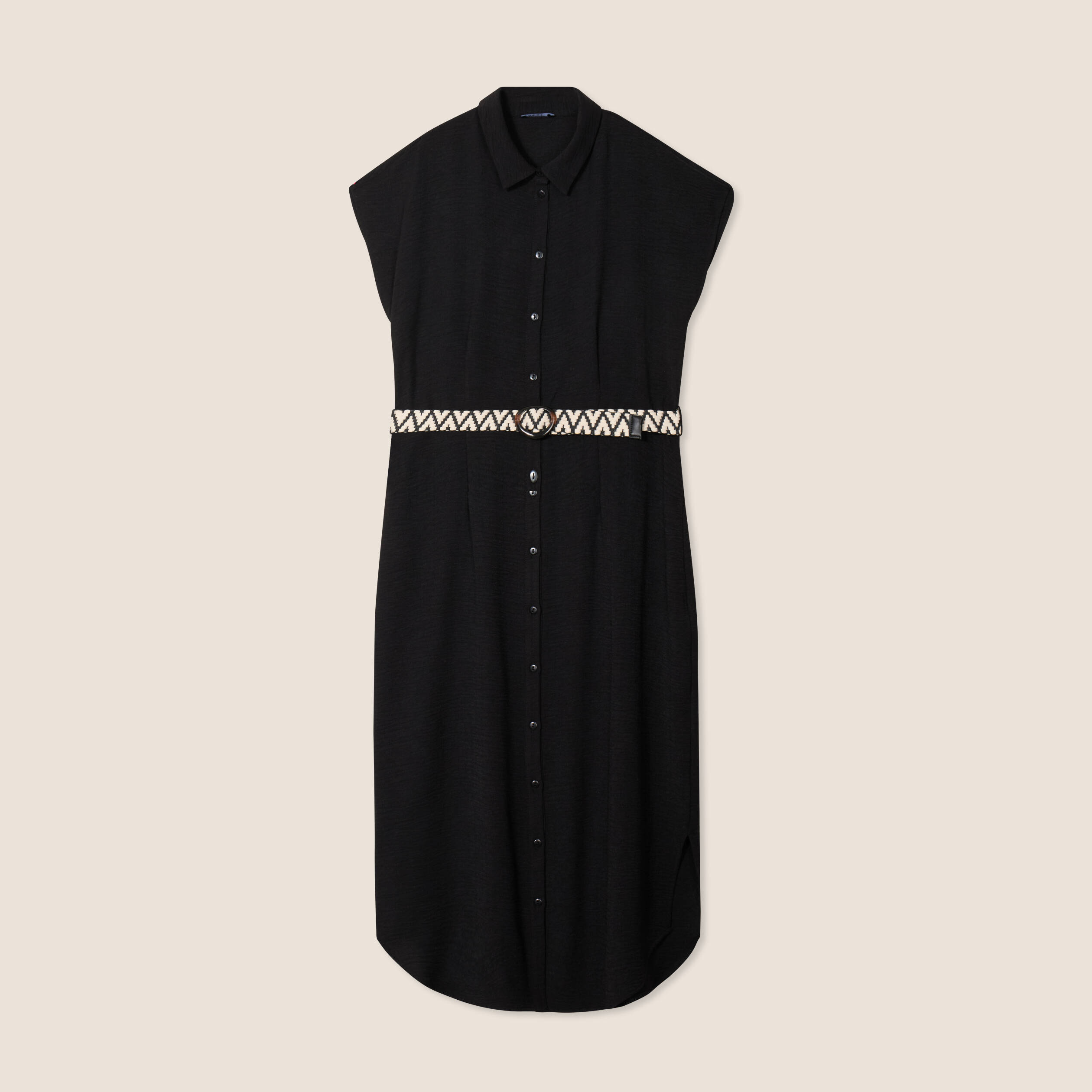 Robe chemise droite ceintur&eacute;e noir femme
