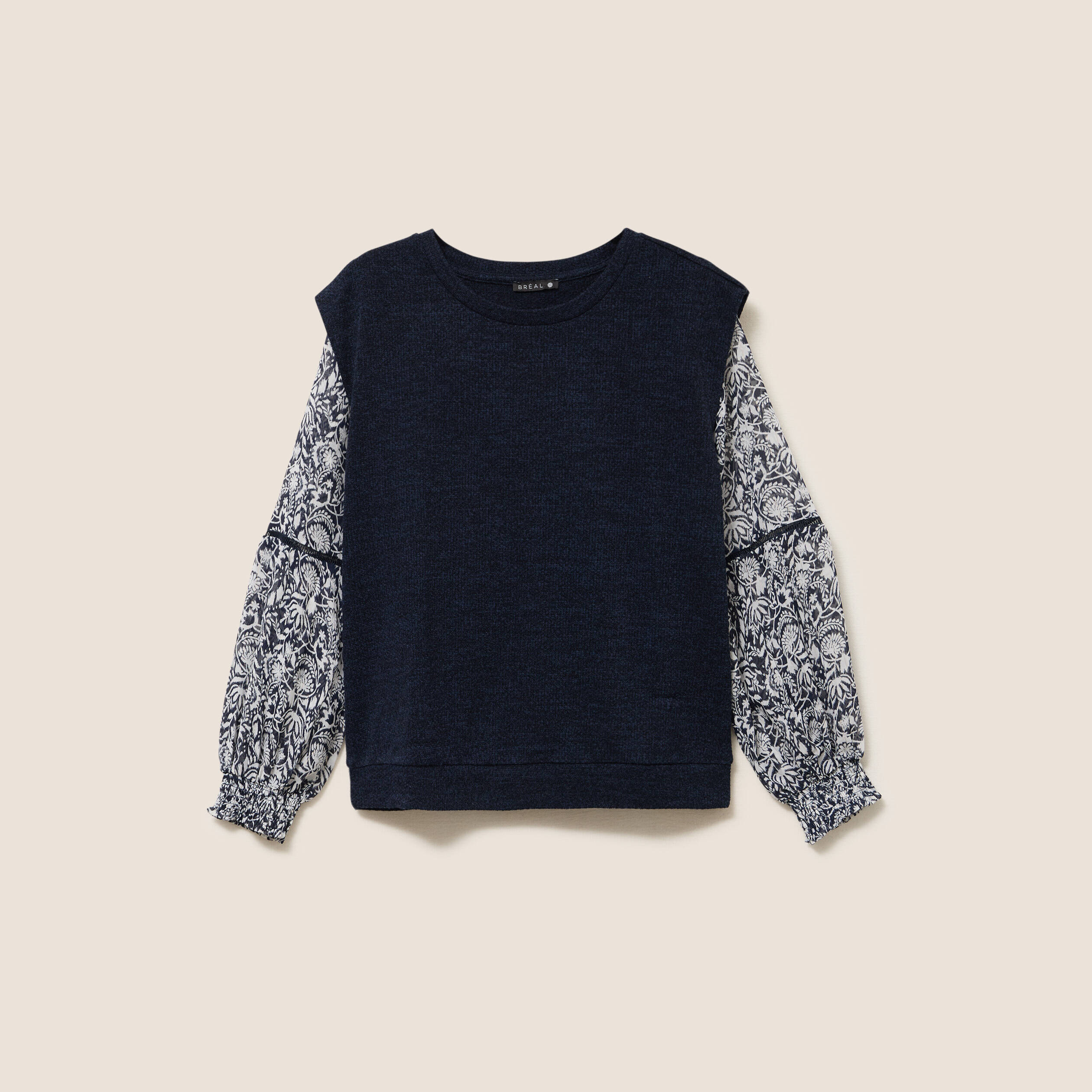 T-shirt col rond manches longues bleu femme