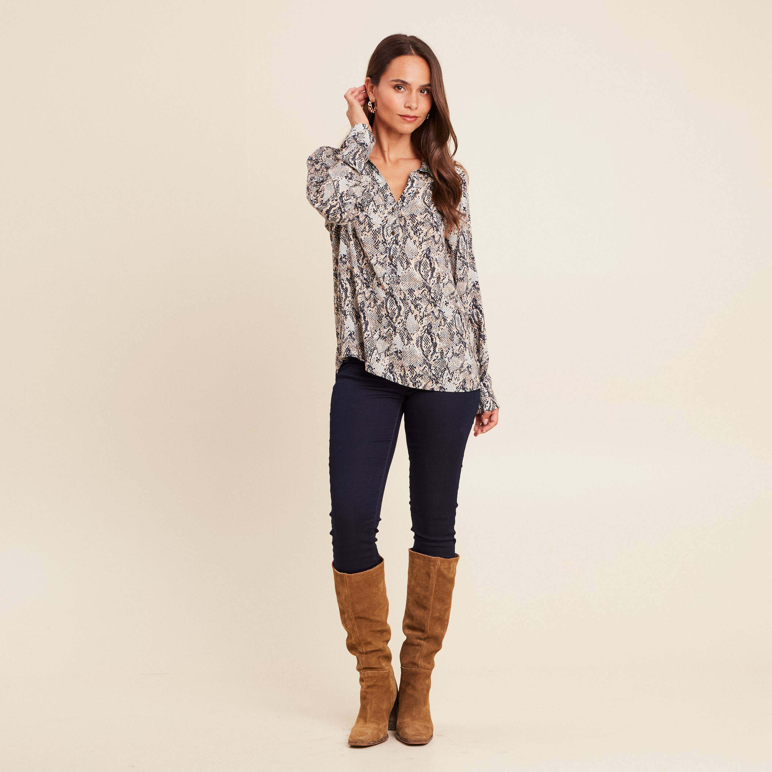 Blouse fluide manches longues beige femme