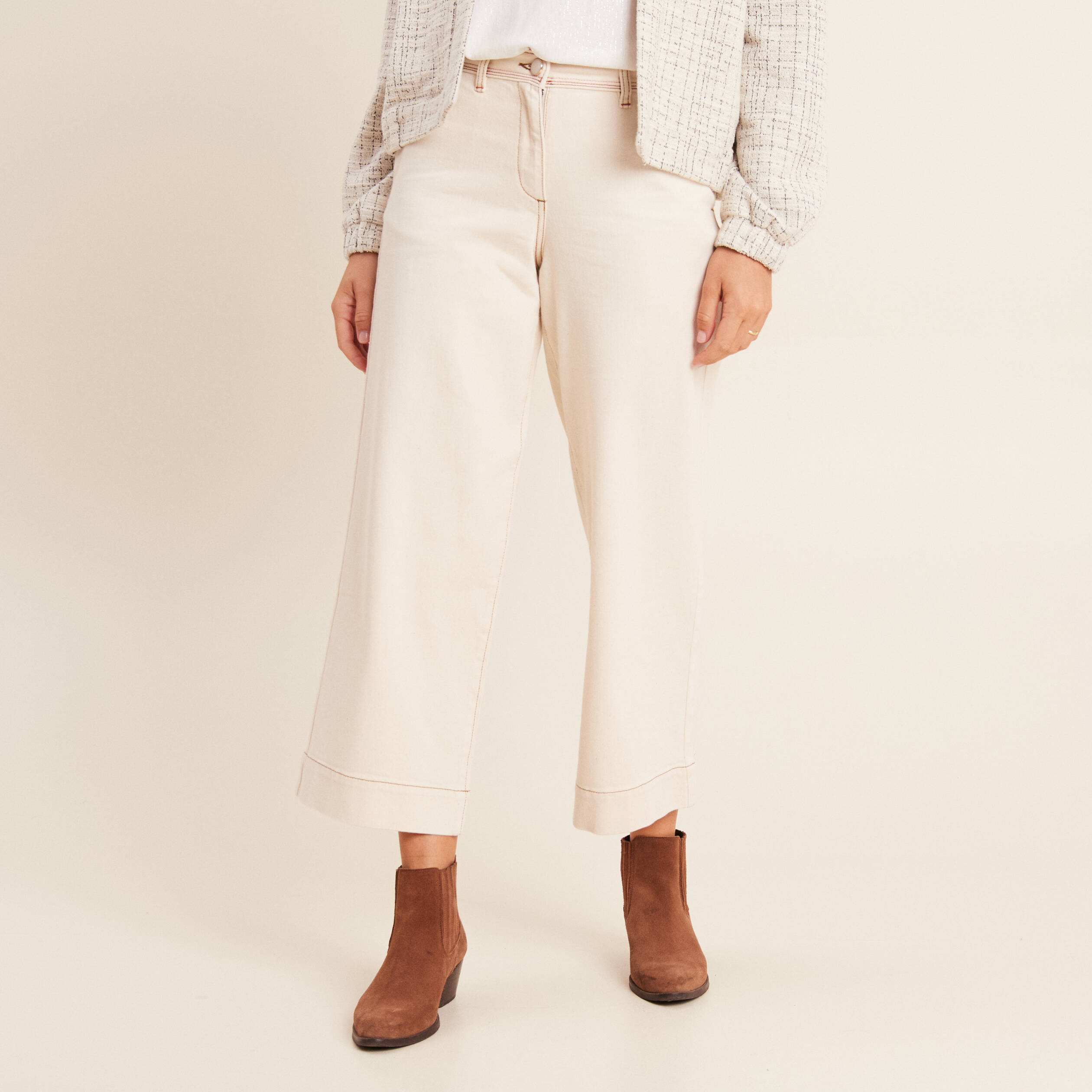 Jean large taille haute 7/8&egrave;me ivoire femme